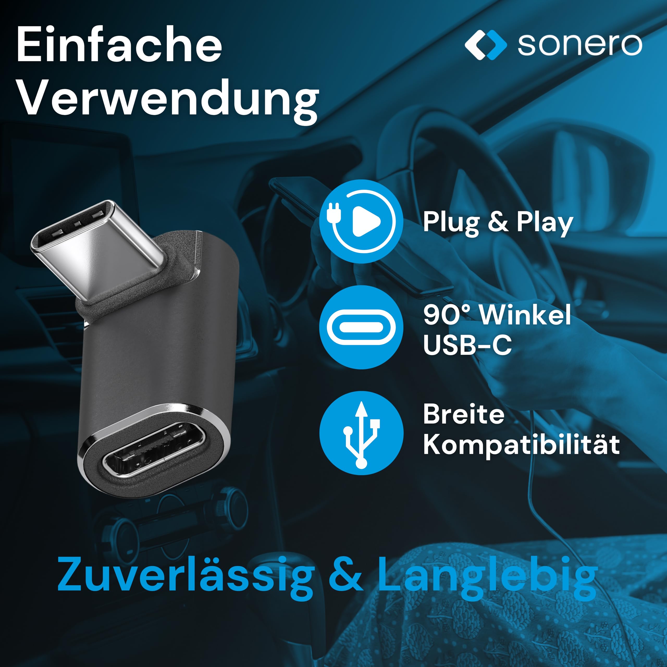 Sonero USB-C Stecker auf 90° Winkel USB-C Buchse (1er), Adapter, 40Gbps, 240W, 8K60Hz, Aluminium Gehäuse, schwarz