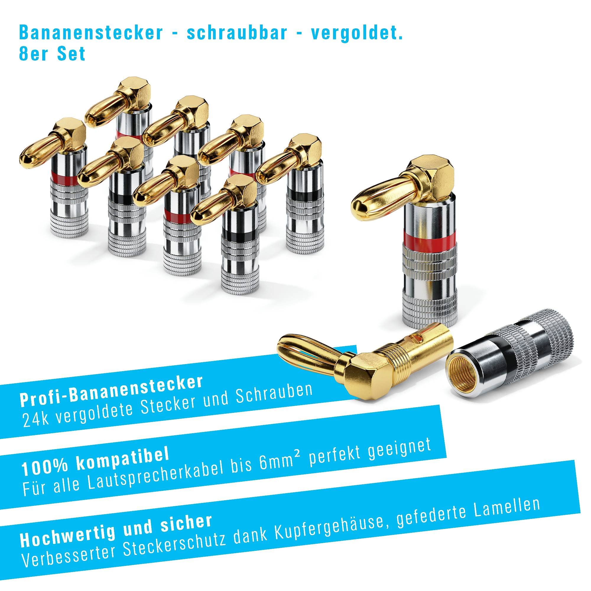 Sonero® Bananenstecker 90° gewinkeltes 8er-Set, für alle Lautsprecherkabel mit einem Durchmesser bis max. 6mm², 8 Stück mit umlaufenden Farbring (4x rot, 4x schwarz), 24k vergoldet