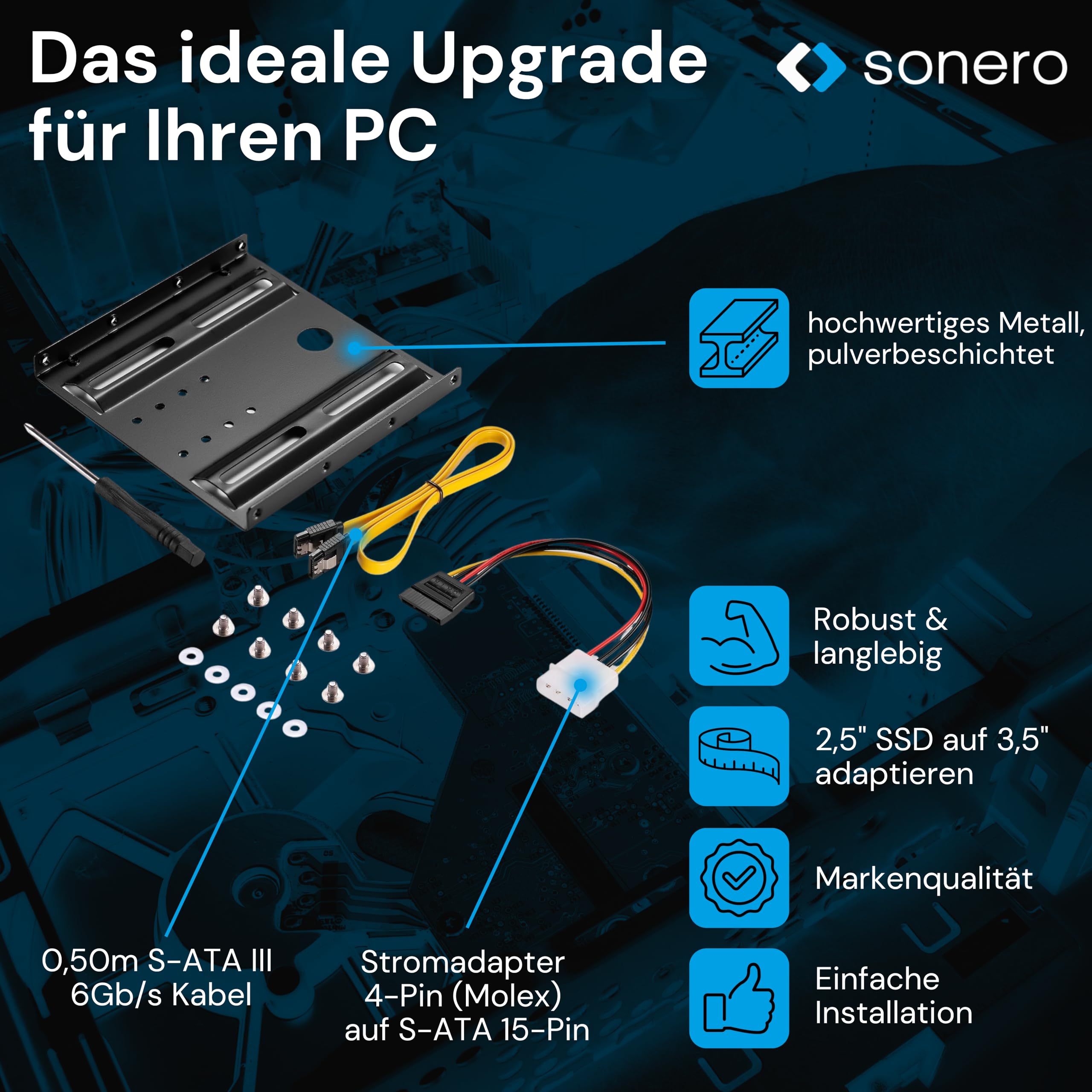 Sonero® SSD Einbaurahmen Set, 2,5" SSD auf 3,5" inkl, Zubehör