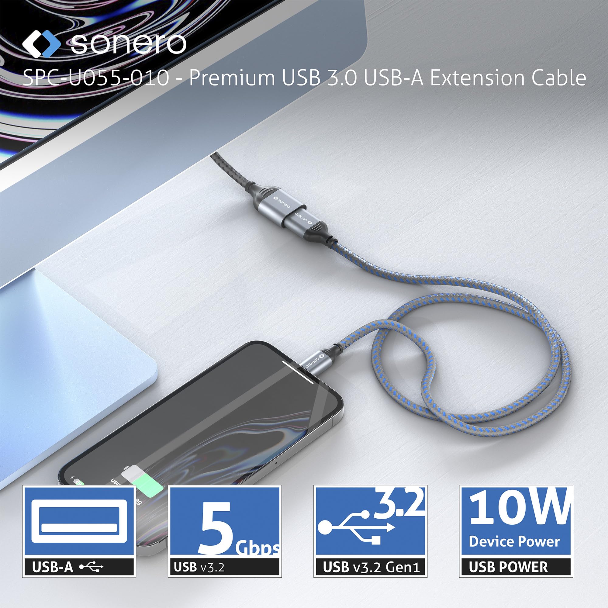 Sonero® USB-A auf USB-A Datenkabel, Verlängerungskabel, USB Kabel Typ A, USB 3.0, 5GB/s, space grey/schwarz, 2,00m