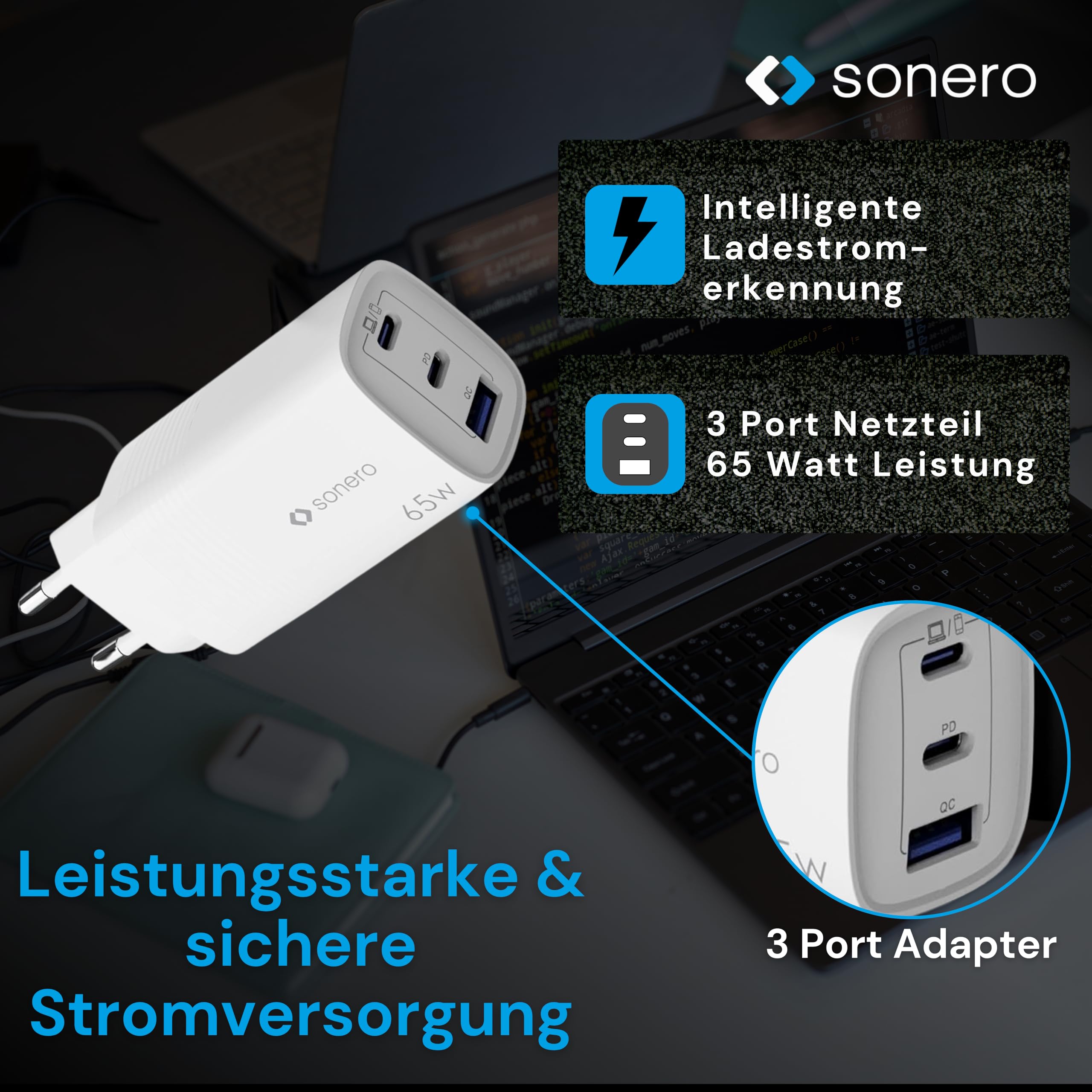 sonero USB C Ladegerät, 3 Port Adapter, Netzteil 65 Watt Schnellladegerät kompatibel mit Apple iPhone 15, Samsung, Tablet, Laptop uvm, Mehrfach GaN QC PD Charger, Weiß