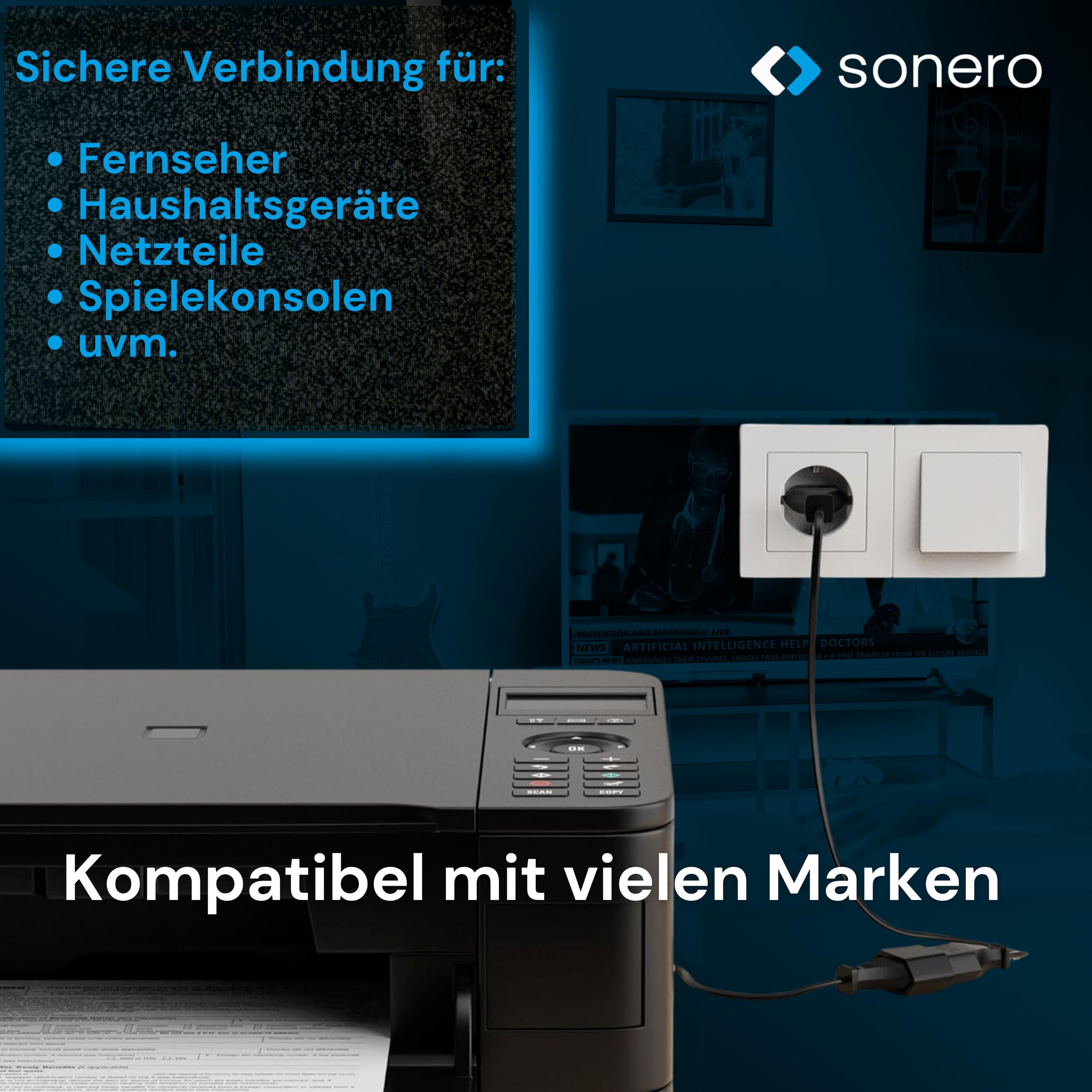 sonero Stromkabel Netzkabel Verlängerungskabel, 2,0m, Eurostecker Flachstecker Typ C Netzstecker auf Euro Buchse, Strom Verlängerung Netzkabel für TV, Spielekonsole, Haushaltsgeräte, Schwarz