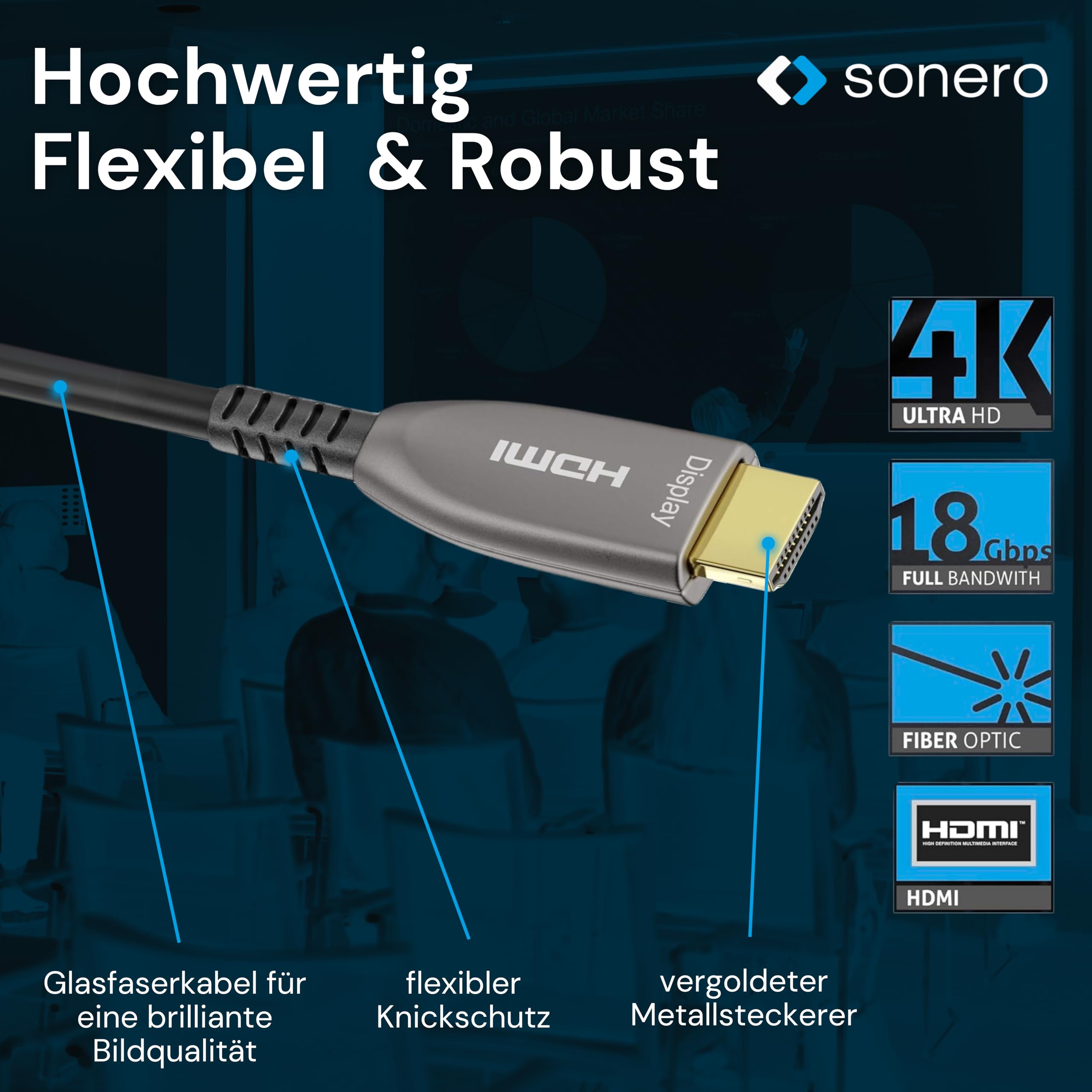 Sonero 25m HDMI Kabel 2.0b, Glasfaser Hybrid, UHD 2160P, 4K60Hz, 4:4:4, HDR, 18Gbps, schwarz
