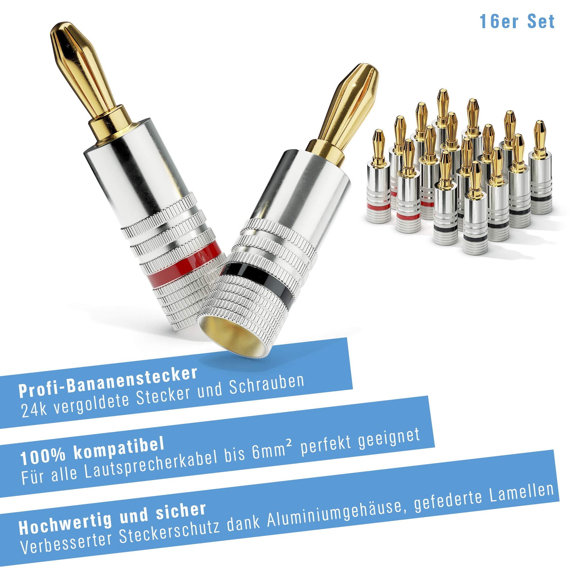 sonero Bananenstecker 16er-Set, für alle Lautsprecherkabel mit einem Durchmesser bis max. 6mm², 4 Stück mit Farbcodierung (8x rot, 8x schwarz), 24k vergoldet, S-SC000-16