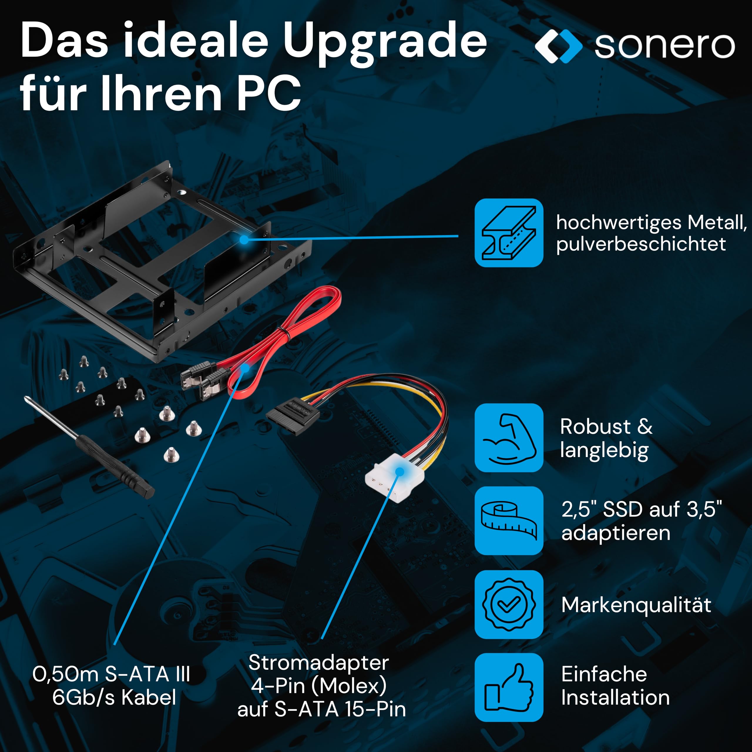 Sonero® SSD Einbaurahmen Set, 2x 2,5" SSD auf 3,5" inkl, Zubehör