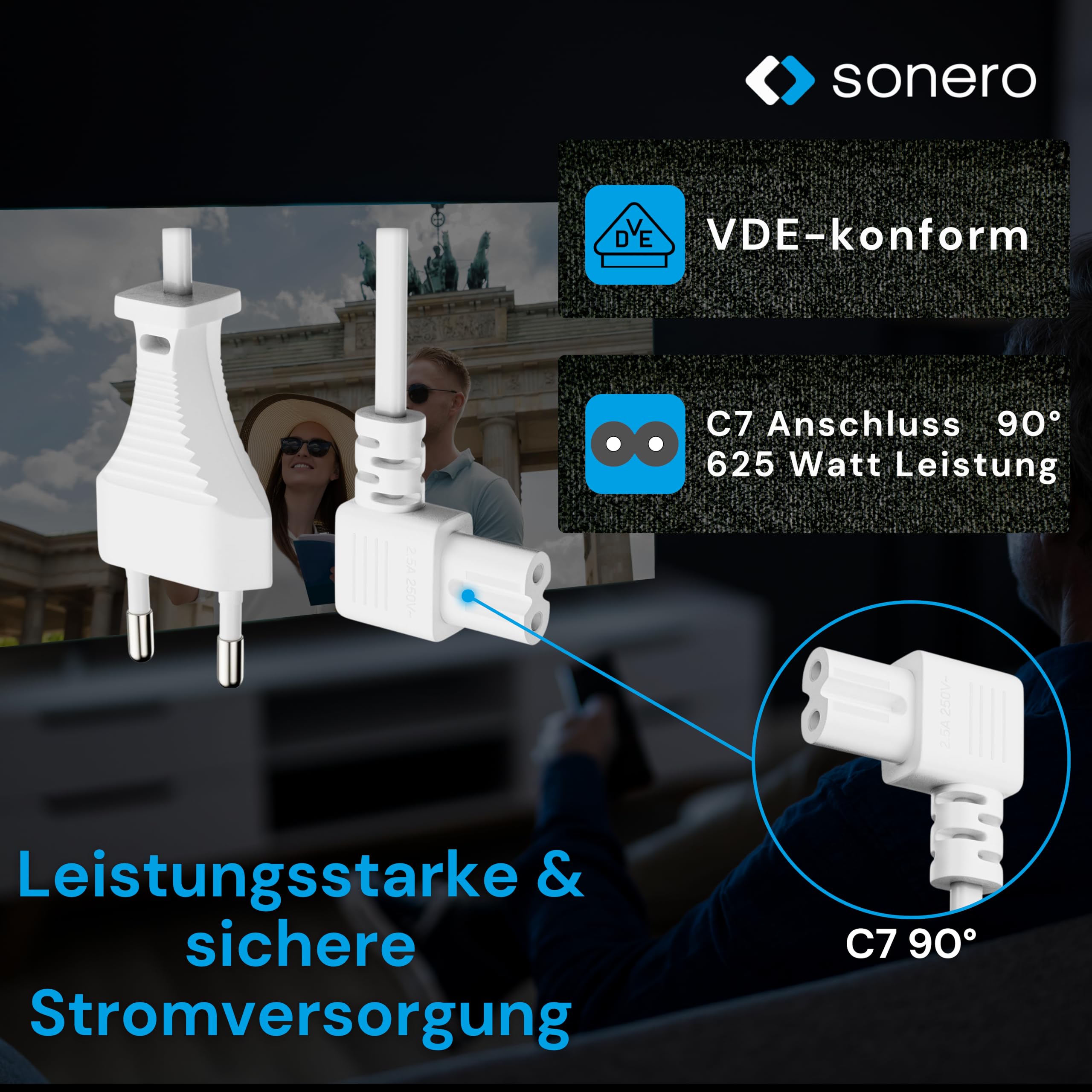 sonero Stromkabel Netzkabel 2 Polig, 3,0m, Eurostecker Typ C Netzstecker auf IEC Buchse C7 Euro 8 Stecker, 90° Winkel Netzteil Strom Kabel für TV, PS5, PS4, PS3, Haushaltsgeräte, Weiß