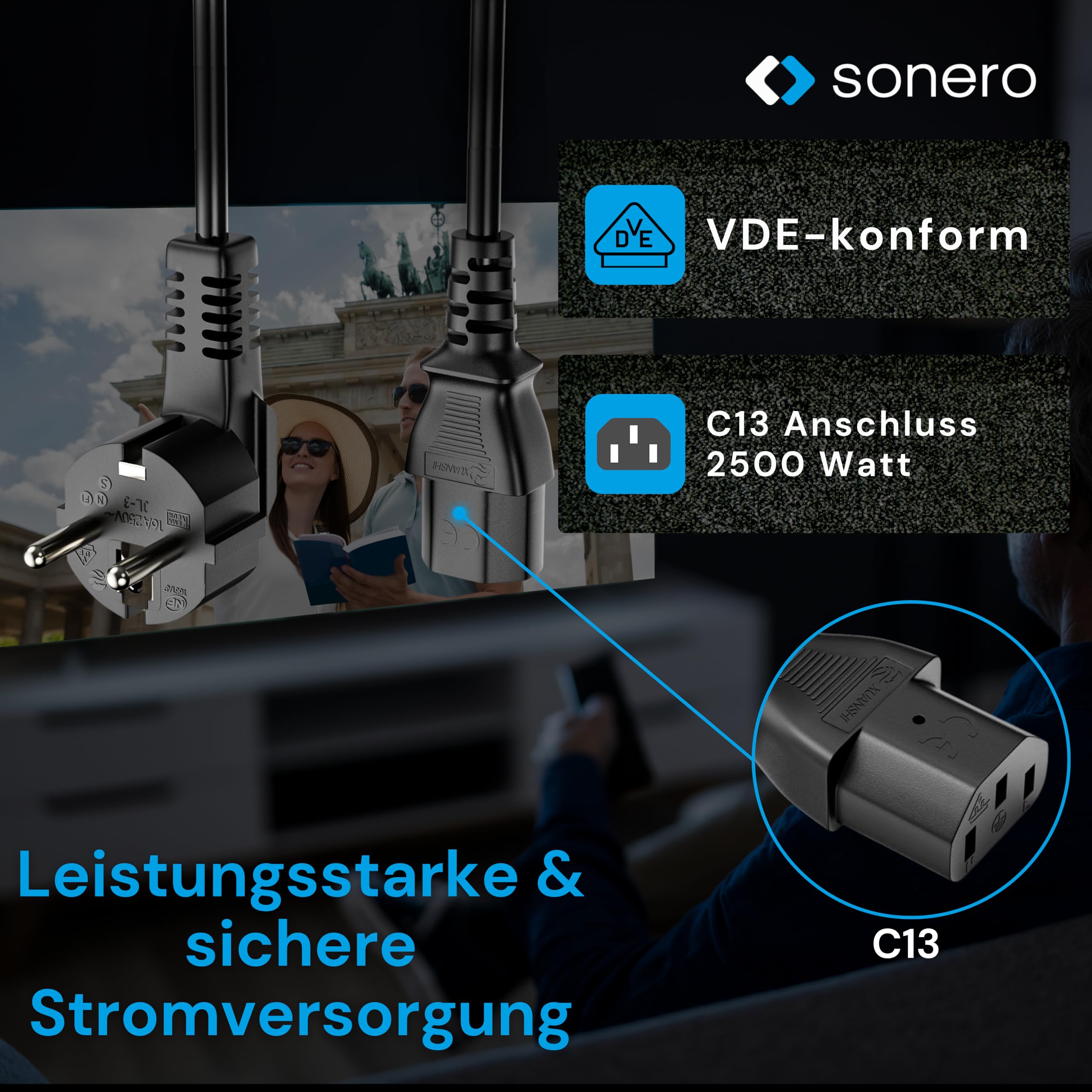sonero Stromkabel Kaltgerätekabel 3 Polig, 15,0m, 90° Winkel Schutzkontakt Stecker Netzstecker auf Kaltgerätekupplung C13 Buchse, Netzkabel Netzteil Strom Kabel für Monitor PC Drucker, Schwarz