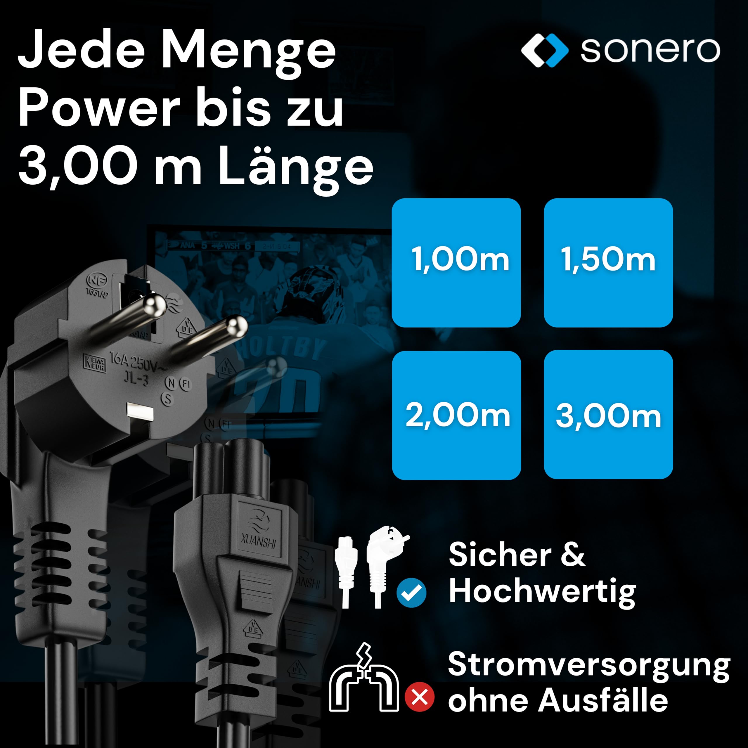 sonero Stromkabel 3 Polig, 3,0m, Schutzkontakt Stecker Netzstecker auf C5 Buchse,Netzkabel Netzteil Strom Kabel für Monitor PC Laptop, Schwarz