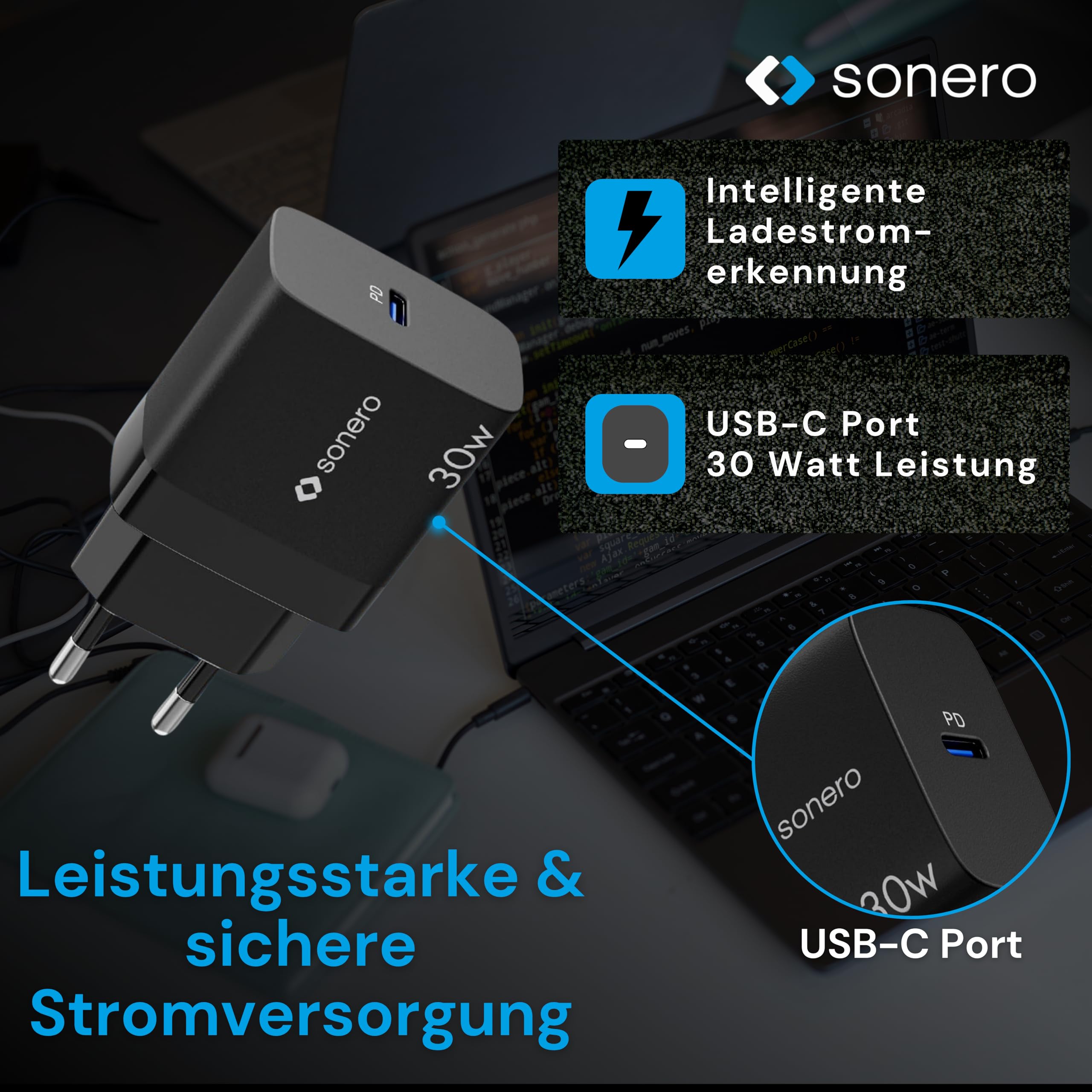 sonero USB C Ladegerät, Ladestecker Adapter, Netzteil 30 Watt Schnellladegerät kompatibel mit Apple iPhone 15, Samsung, Tablet, Laptop uvm, Mehrfach GaN PD Charger, Schwarz
