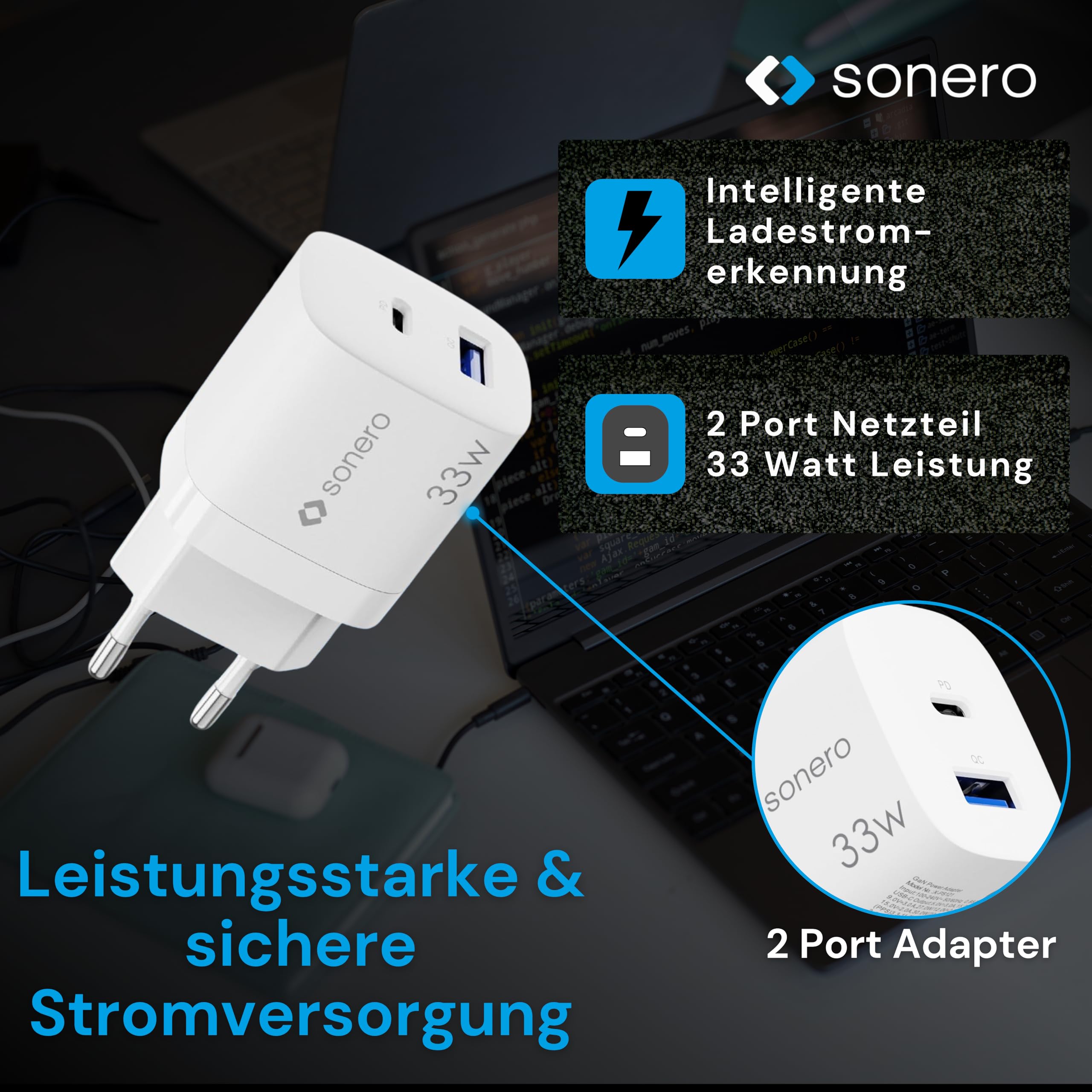 sonero USB C Ladegerät, 2 Port Adapter, Netzteil 33 Watt Schnellladegerät kompatibel mit Apple iPhone 15, Samsung, Tablet, Laptop UVM, Mehrfach GaN QC PD Charger, Weiß
