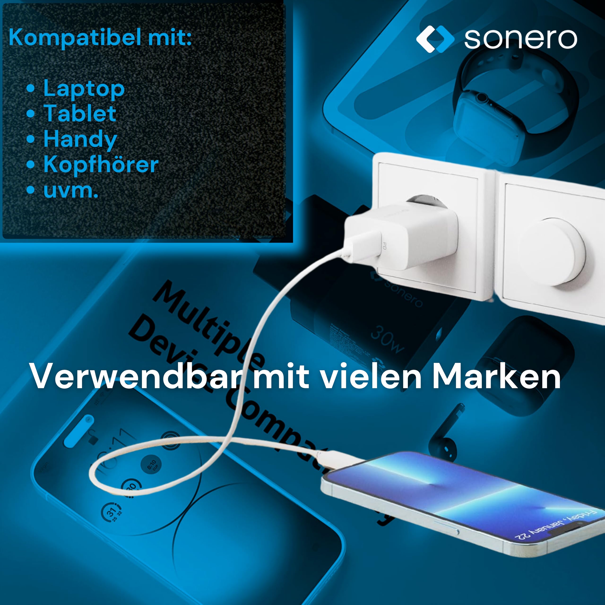 sonero USB C Ladegerät, Ladestecker Adapter, Netzteil 30 Watt Schnellladegerät kompatibel mit Apple iPhone 15, Samsung, Tablet, Laptop uvm, GaN PD Charger, Weiß