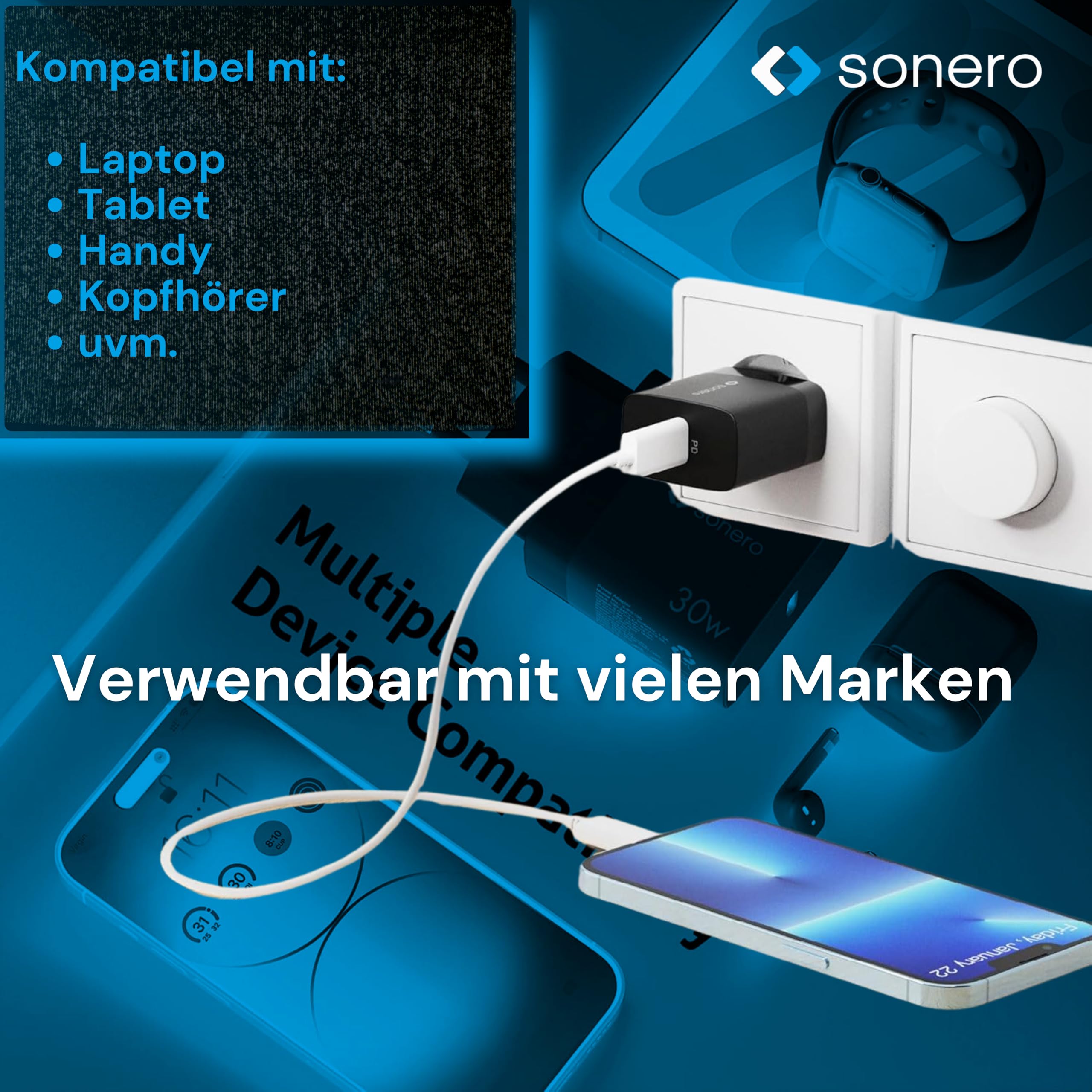 sonero USB C Ladegerät, Ladestecker Adapter, Netzteil 30 Watt Schnellladegerät kompatibel mit Apple iPhone 15, Samsung, Tablet, Laptop uvm, Mehrfach GaN PD Charger, Schwarz