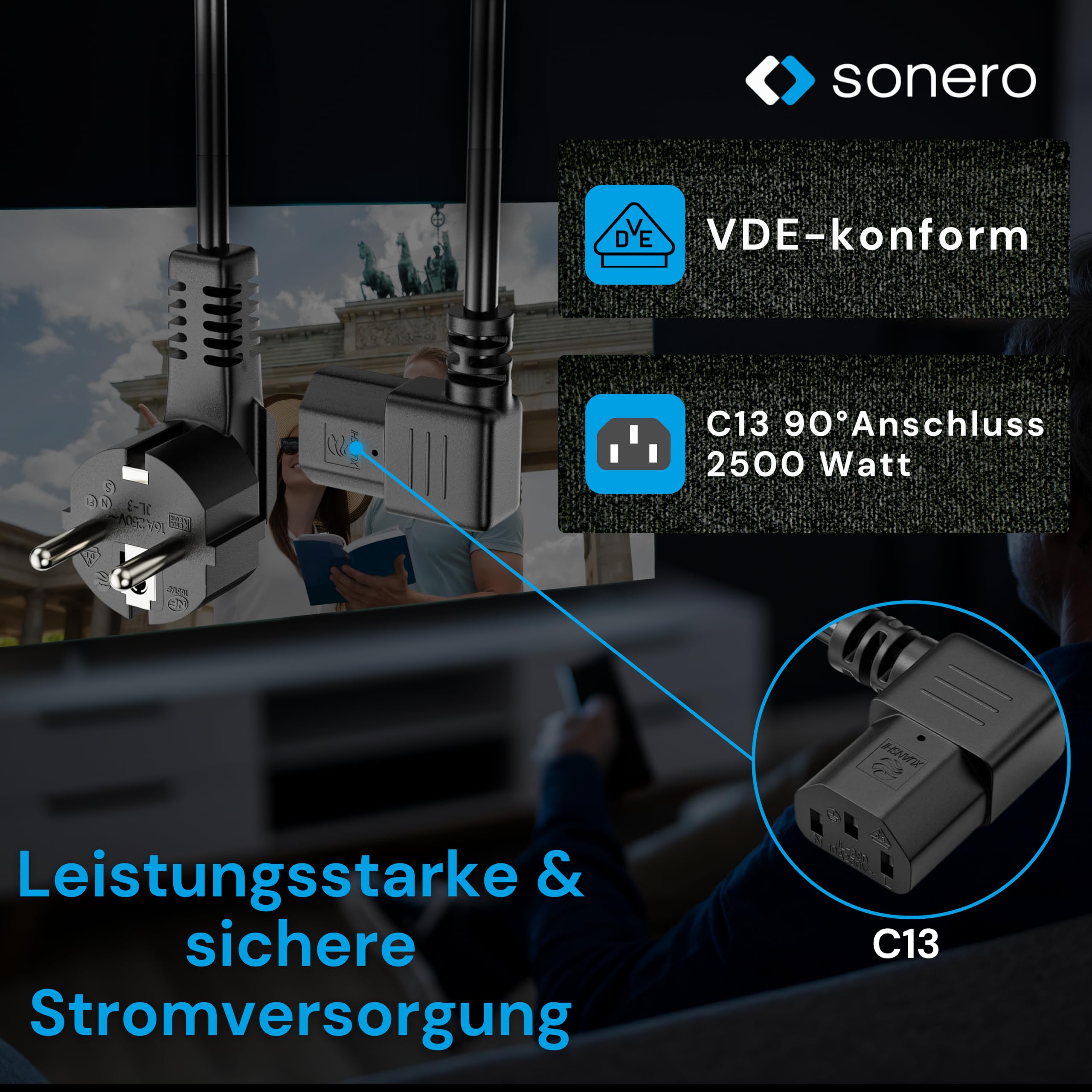 sonero Stromkabel Kaltgerätekabel 3 Polig, 1,0m, Schutzkontakt Stecker Netzstecker auf Kaltgerätekupplung C13 Buchse, 90° Winkel Netzkabel Netzteil Strom Kabel für Monitor PC Drucker, Schwarz