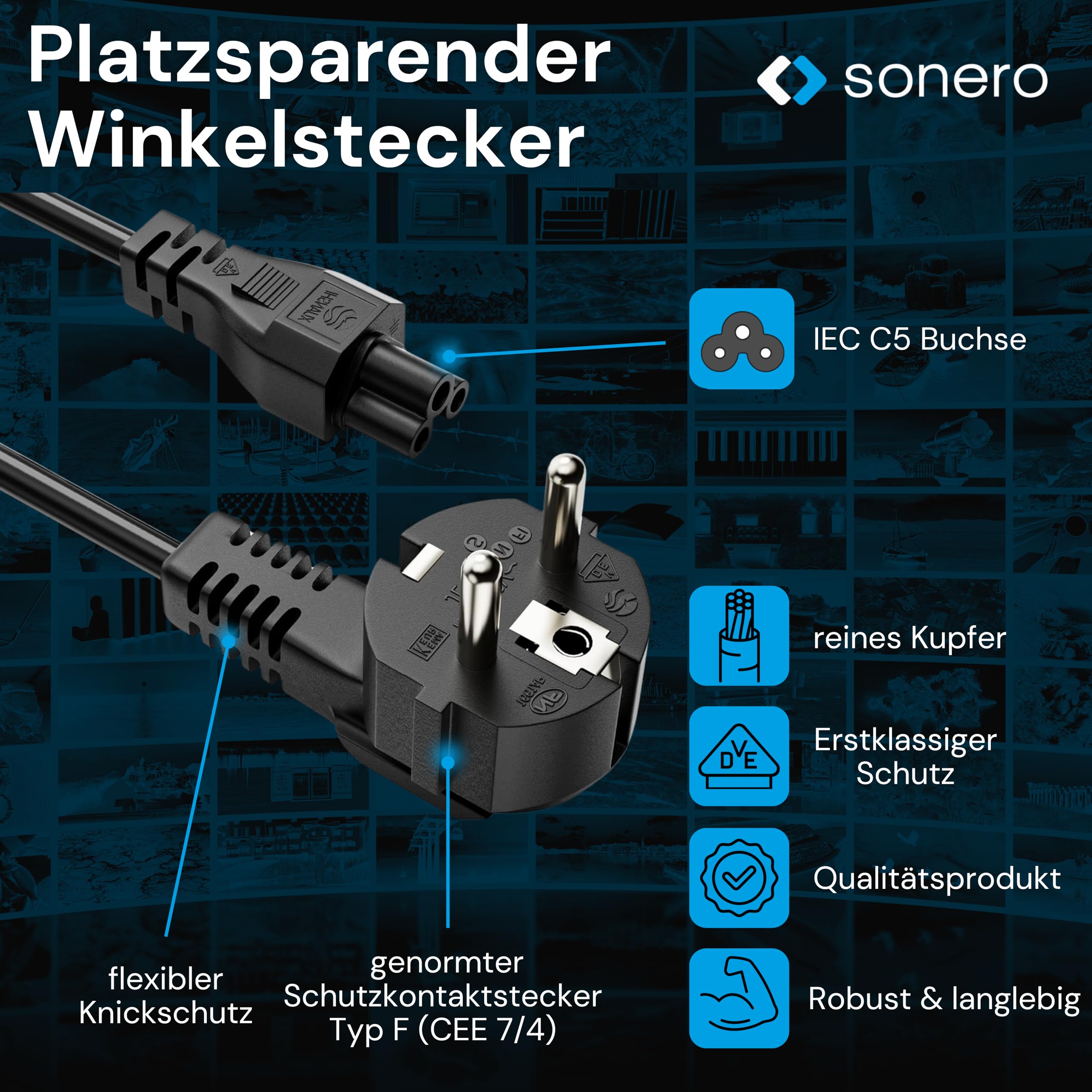 sonero Stromkabel 3 Polig, 3,0m, Schutzkontakt Stecker Netzstecker auf C5 Buchse,Netzkabel Netzteil Strom Kabel für Monitor PC Laptop, Schwarz