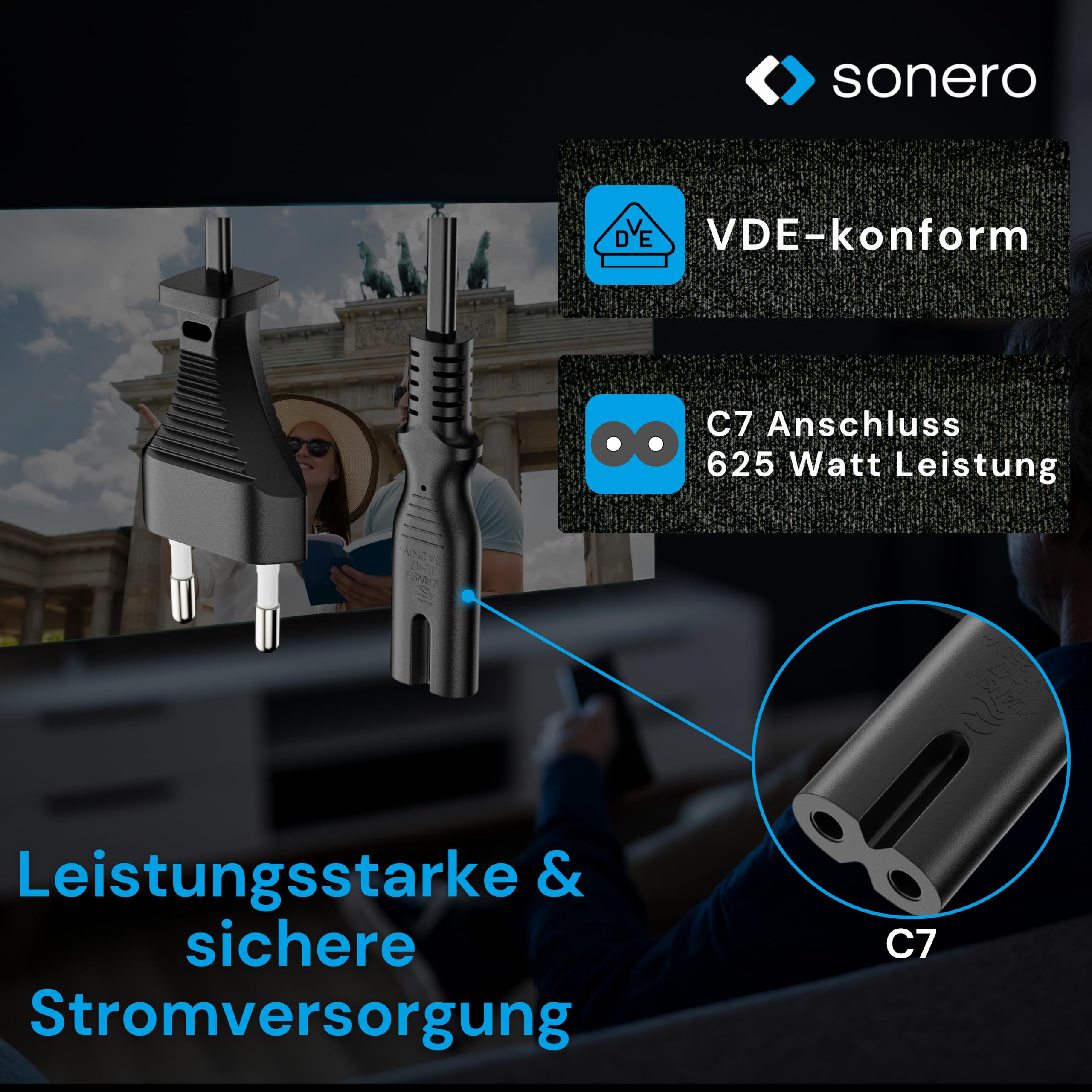 sonero Stromkabel Netzkabel 2 Polig, 5,0m, Eurostecker Typ C Netzstecker auf IEC Buchse C7 Euro 8 Stecker, Netzteil Strom Kabel für TV, PS5, PS4, PS3, Haushaltsgeräte, Schwarz