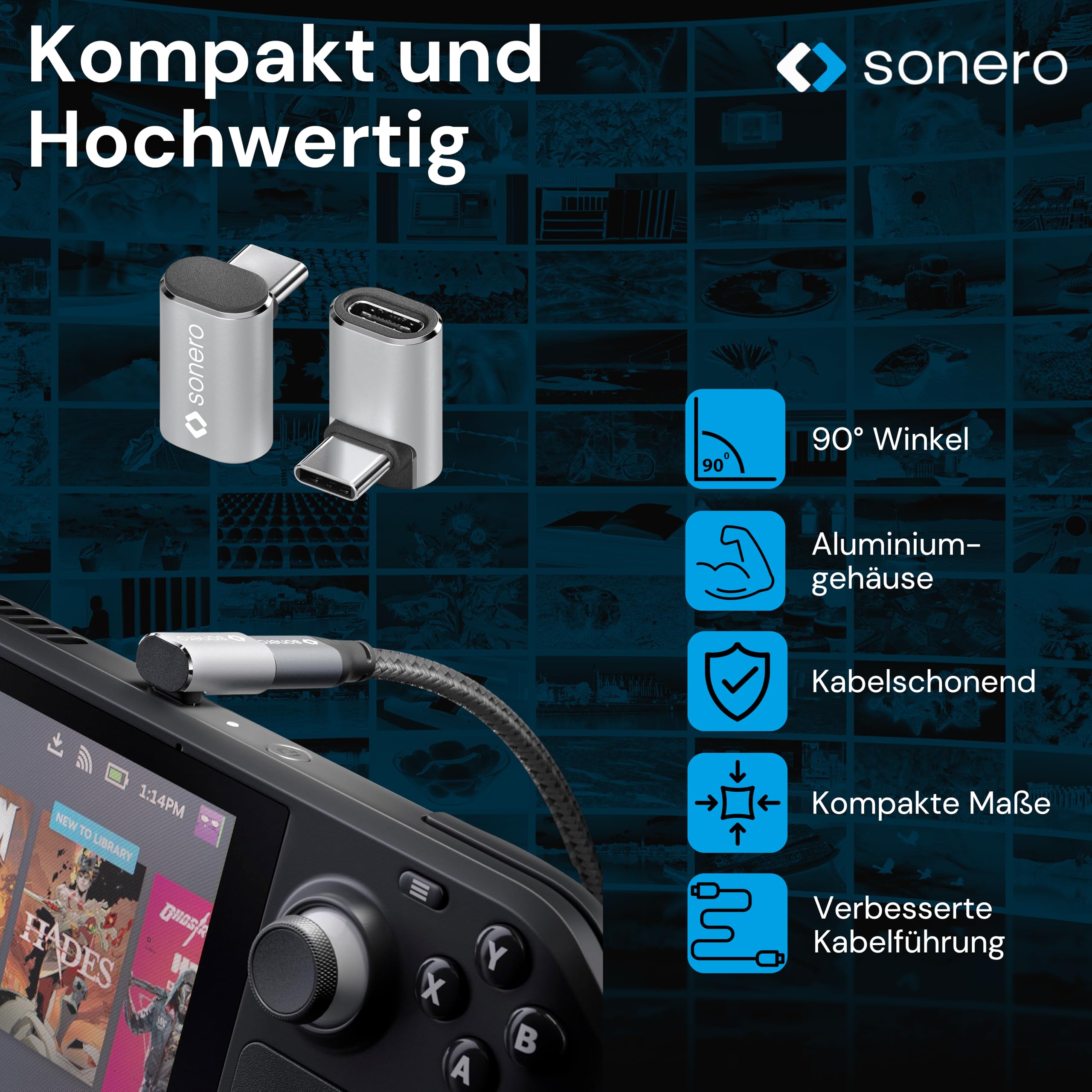 Sonero USB-C Stecker auf 90° Winkel USB-C Buchse (1er), Adapter, USB-C Adapter, 40Gbps, 240W, 8K60Hz, Aluminium Gehäuse, Silber