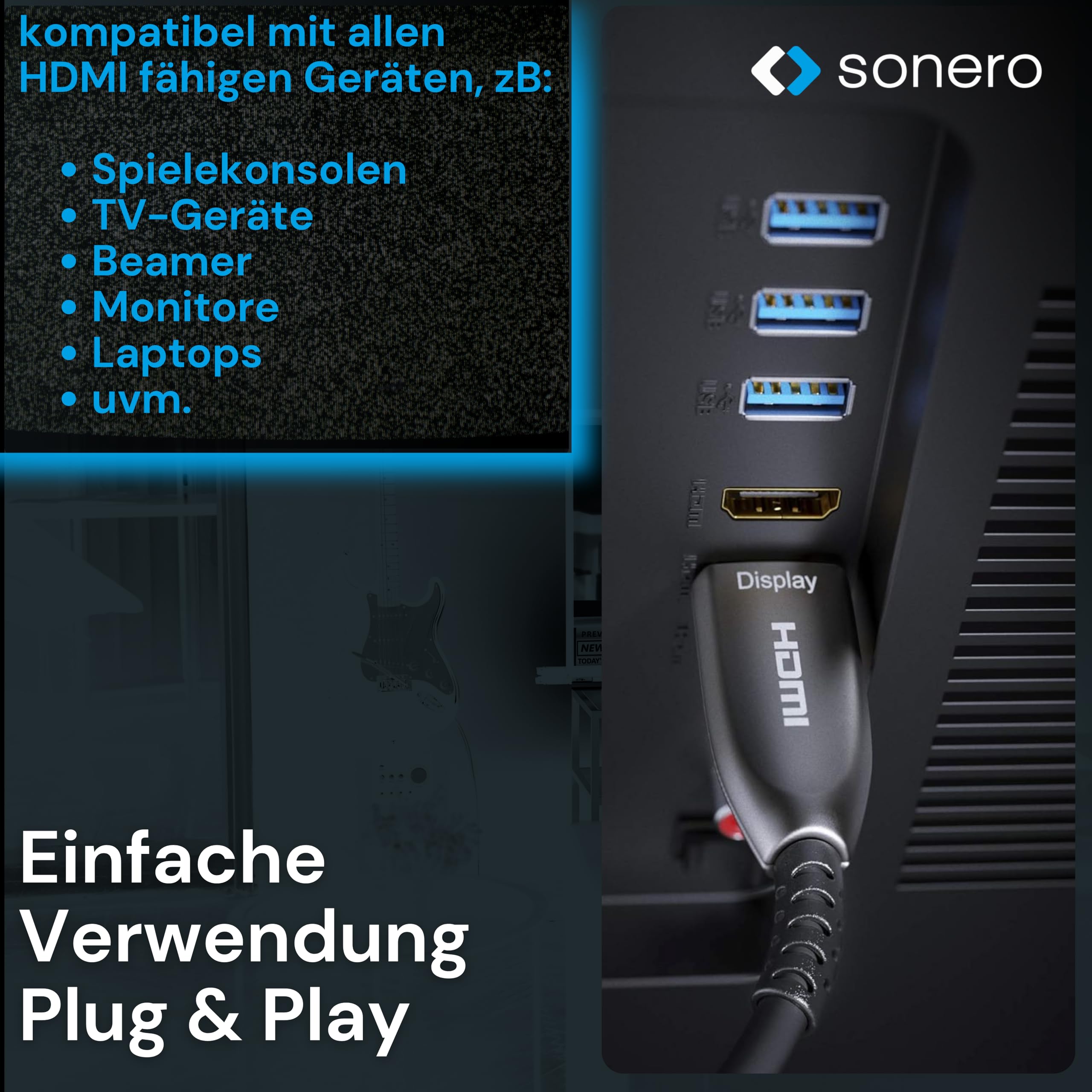 Sonero® 8K-HDMI 2.1 Kabel, Glasfaser-Hybrid-Kabel, Auflösung bis 8K 60 Hz (7680 x 4320) / 4K 120Hz (3840 × 2160), HDCP 2.2 Unterstützug, anthrazit, 50 Meter