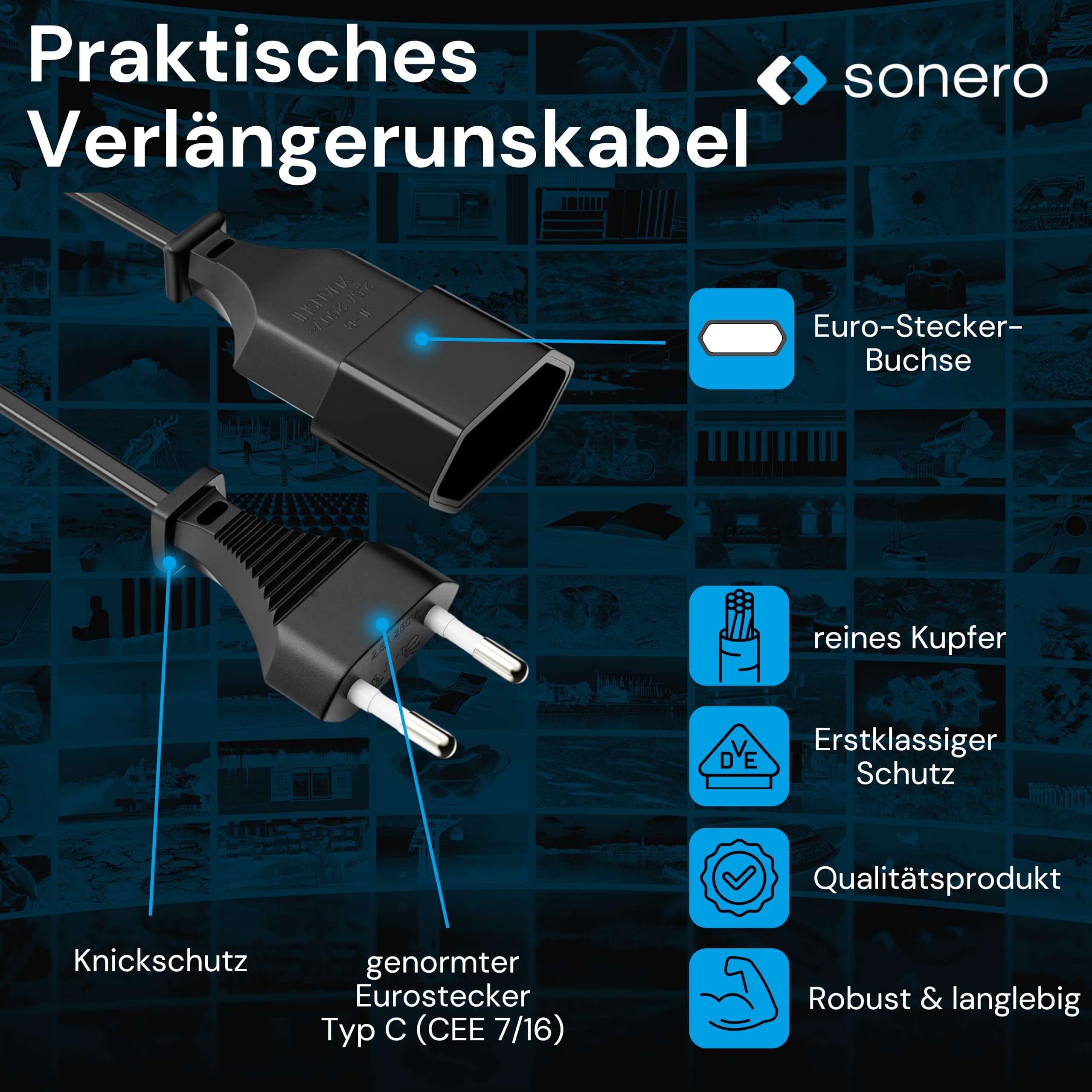 sonero Stromkabel Netzkabel Verlängerungskabel, 2,0m, Eurostecker Flachstecker Typ C Netzstecker auf Euro Buchse, Strom Verlängerung Netzkabel für TV, Spielekonsole, Haushaltsgeräte, Schwarz
