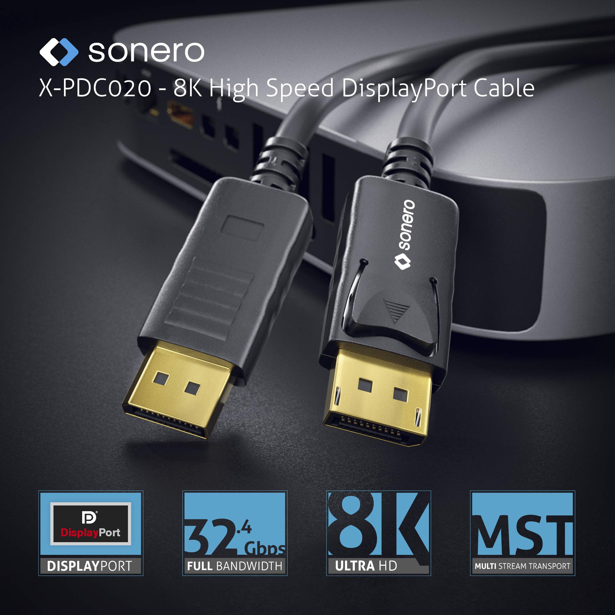[Neu] sonero 5m DisplayPort Kabel 1.4, DisplayPort auf DisplayPort, 8K 60hz, schwarz, 5,00m