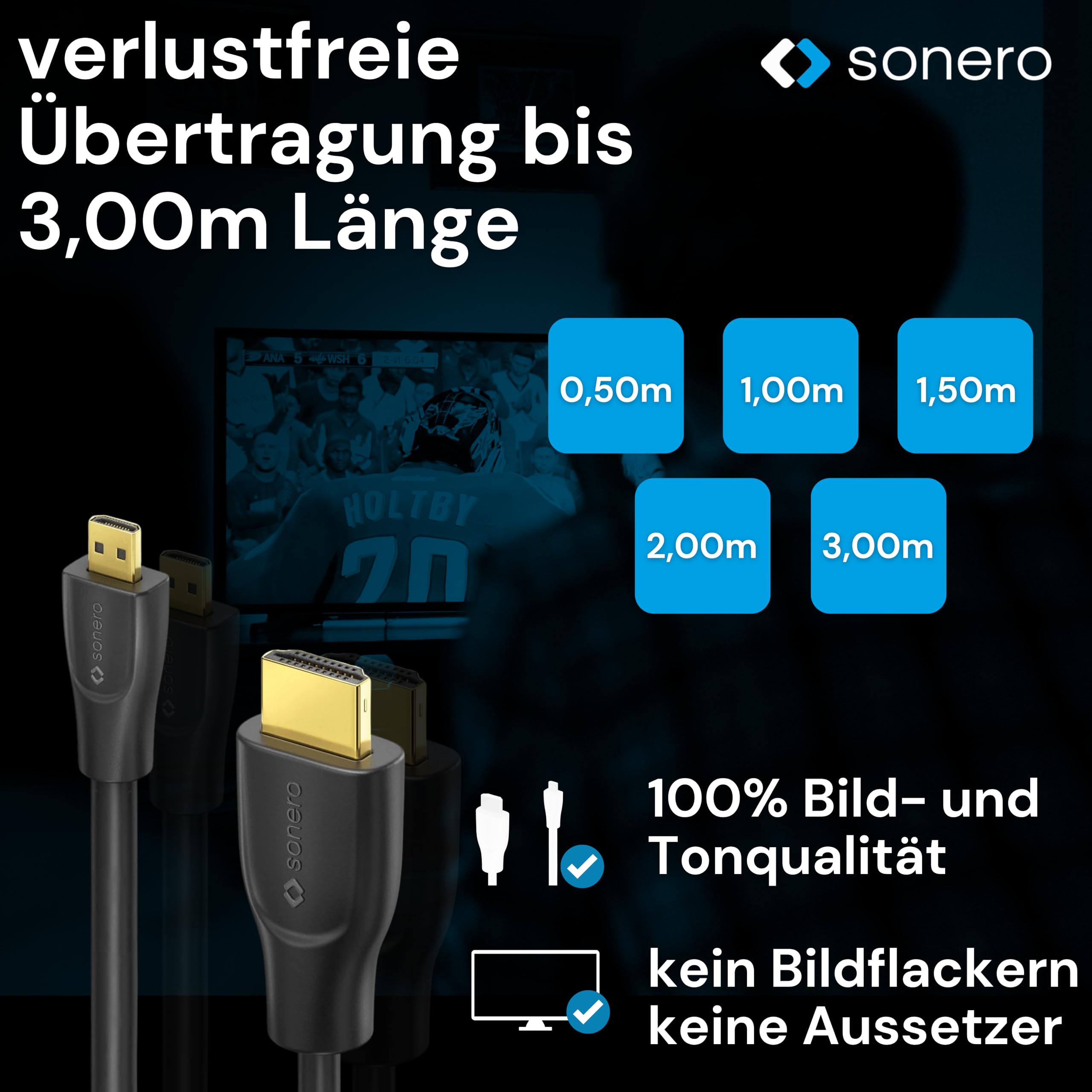 Sonero® 4K Micro HDMI auf HDMI-Kabel, Premium High Speed, 4K 60Hz, Micro HDMI Stecker auf HDMI Stecker, vergoldete Kontakte, zweifache Abschirmung, PVC-Mantel, 1,00m