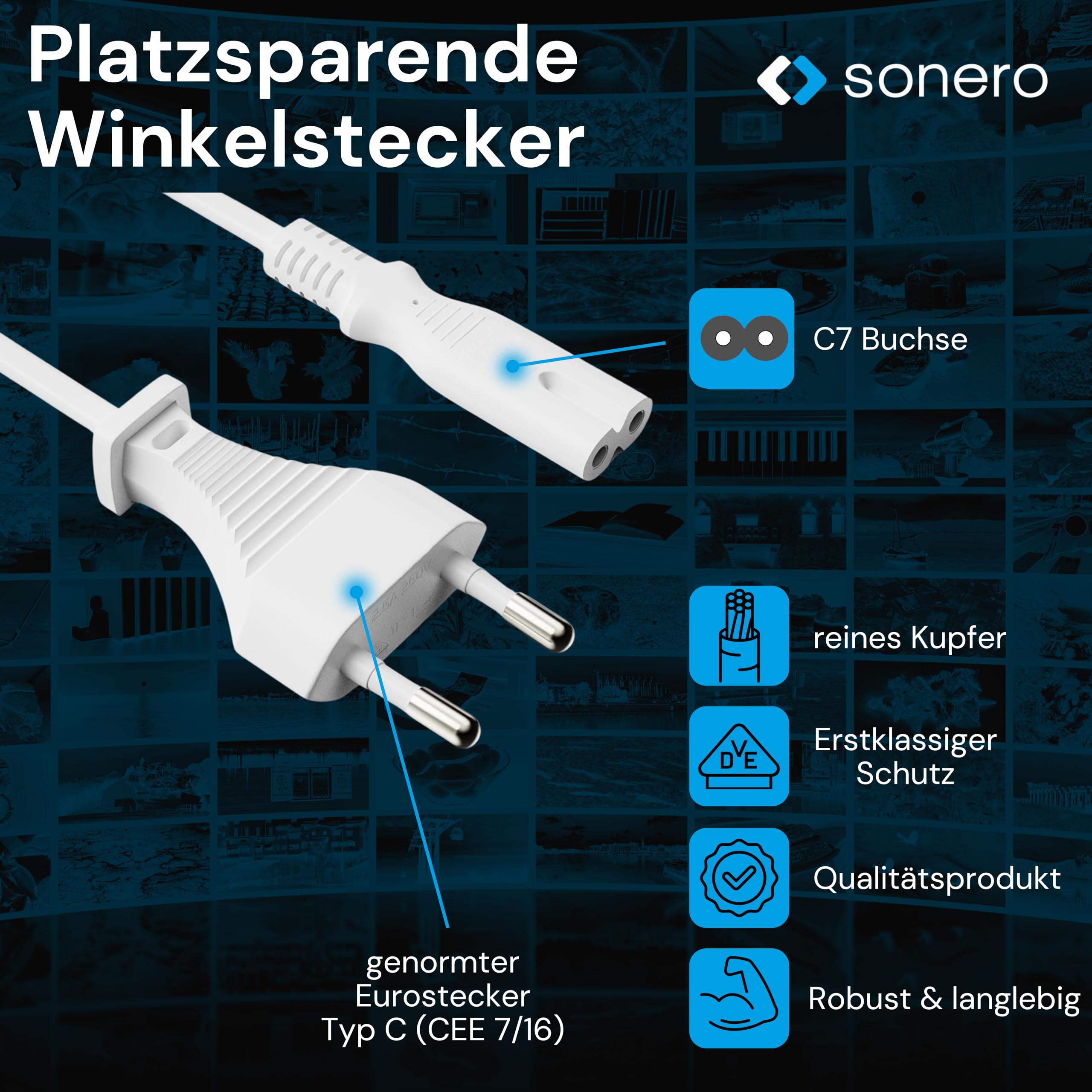 sonero Stromkabel Netzkabel 2 Polig, 3,0m, Eurostecker Typ C Netzstecker auf IEC Buchse C7 Euro 8 Stecker, Netzteil Strom Kabel für TV, PS5, PS4, PS3, Haushaltsgeräte, Weiß