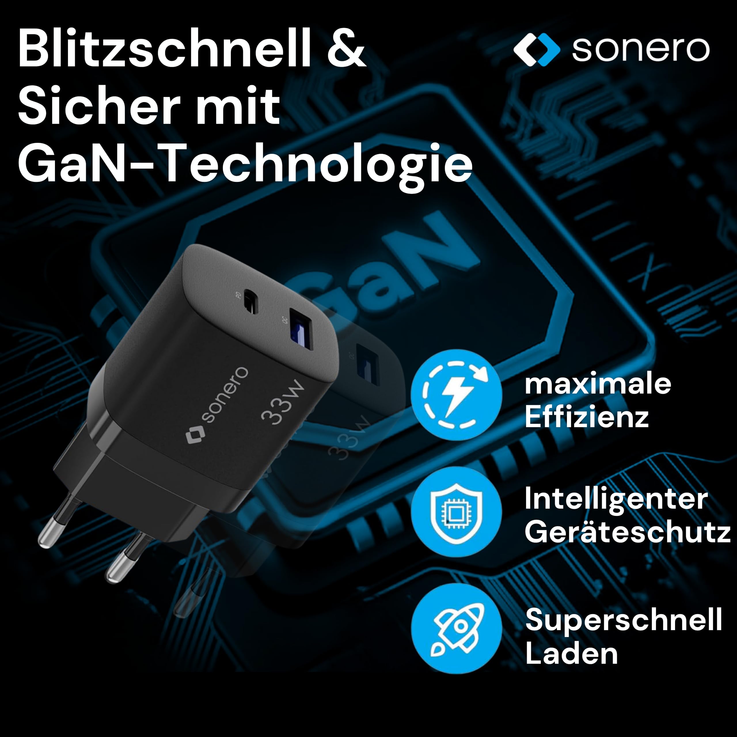 sonero USB C Ladegerät, 2 Port Adapter, Netzteil 33 Watt Schnellladegerät kompatibel mit Apple iPhone 15, Samsung, Tablet, Laptop uvm, Mehrfach GaN QC PD Charger, Schwarz