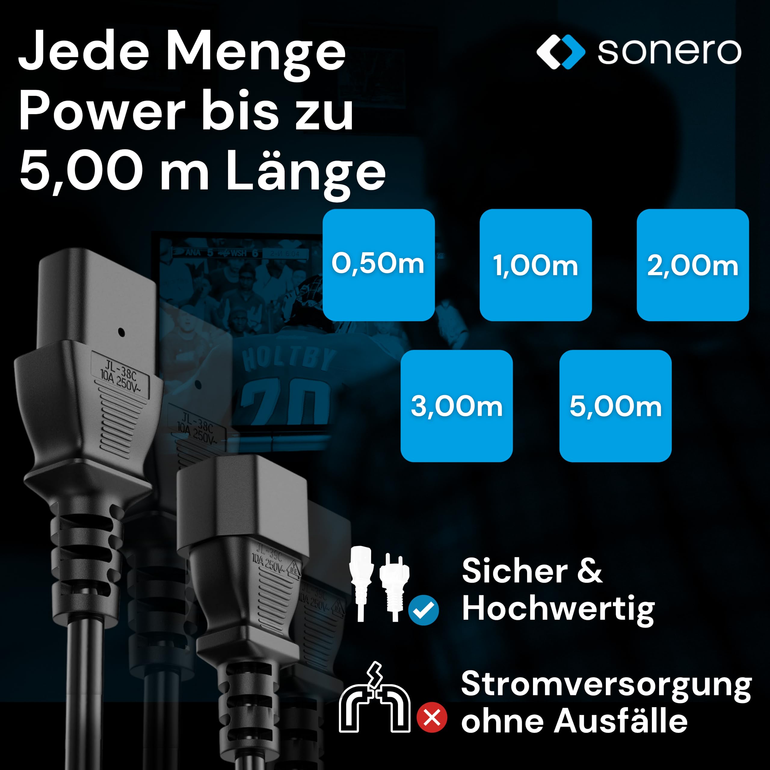 sonero Kaltgerätekabel Kaltgeräte Verlängerung 3 Polig, 2,0m, Kaltgeräte Stecker Netzstecker C14 auf Kaltgerätekupplung C13 Buchse, Verlängerungskabel Netzkabel für Monitor PC Drucker, Schwarz