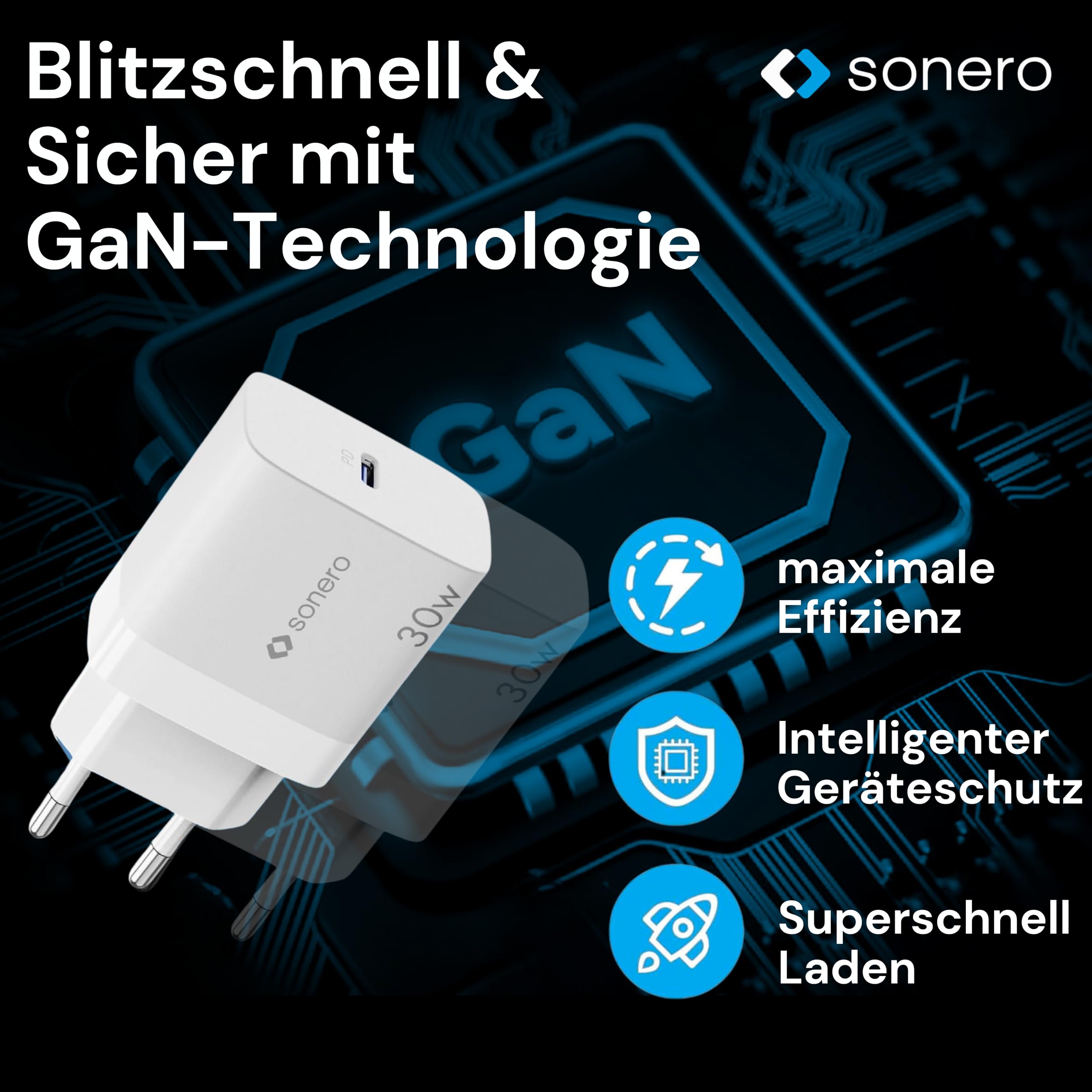 sonero USB C Ladegerät, Ladestecker Adapter, Netzteil 30 Watt Schnellladegerät kompatibel mit Apple iPhone 15, Samsung, Tablet, Laptop uvm, GaN PD Charger, Weiß