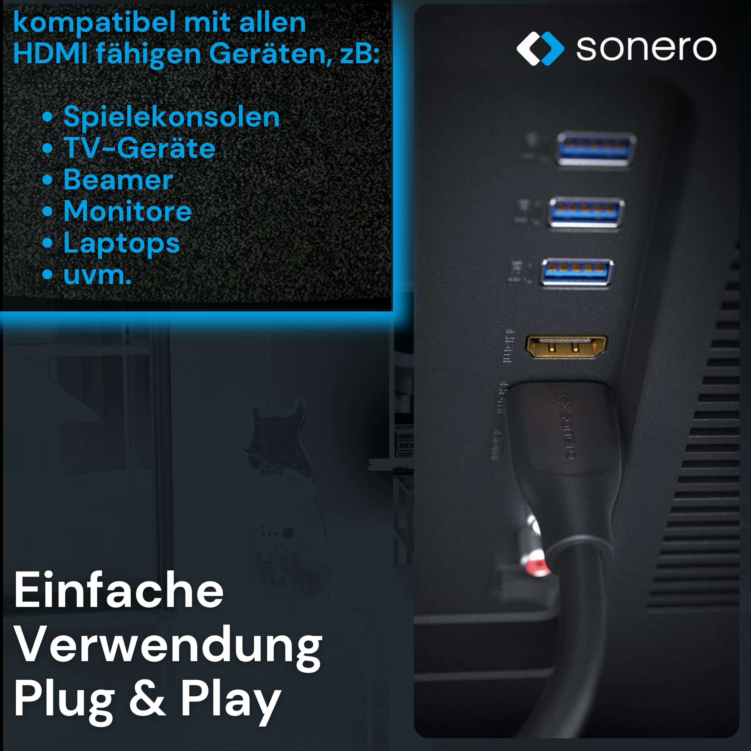 Sonero® 4K HDMI Portsaver Adapter, Premium High Speed, A Stecker auf A Buchse, Vergoldete Kontakte, Zweifache Abschirmung, PVC-Mantel, 0,15m