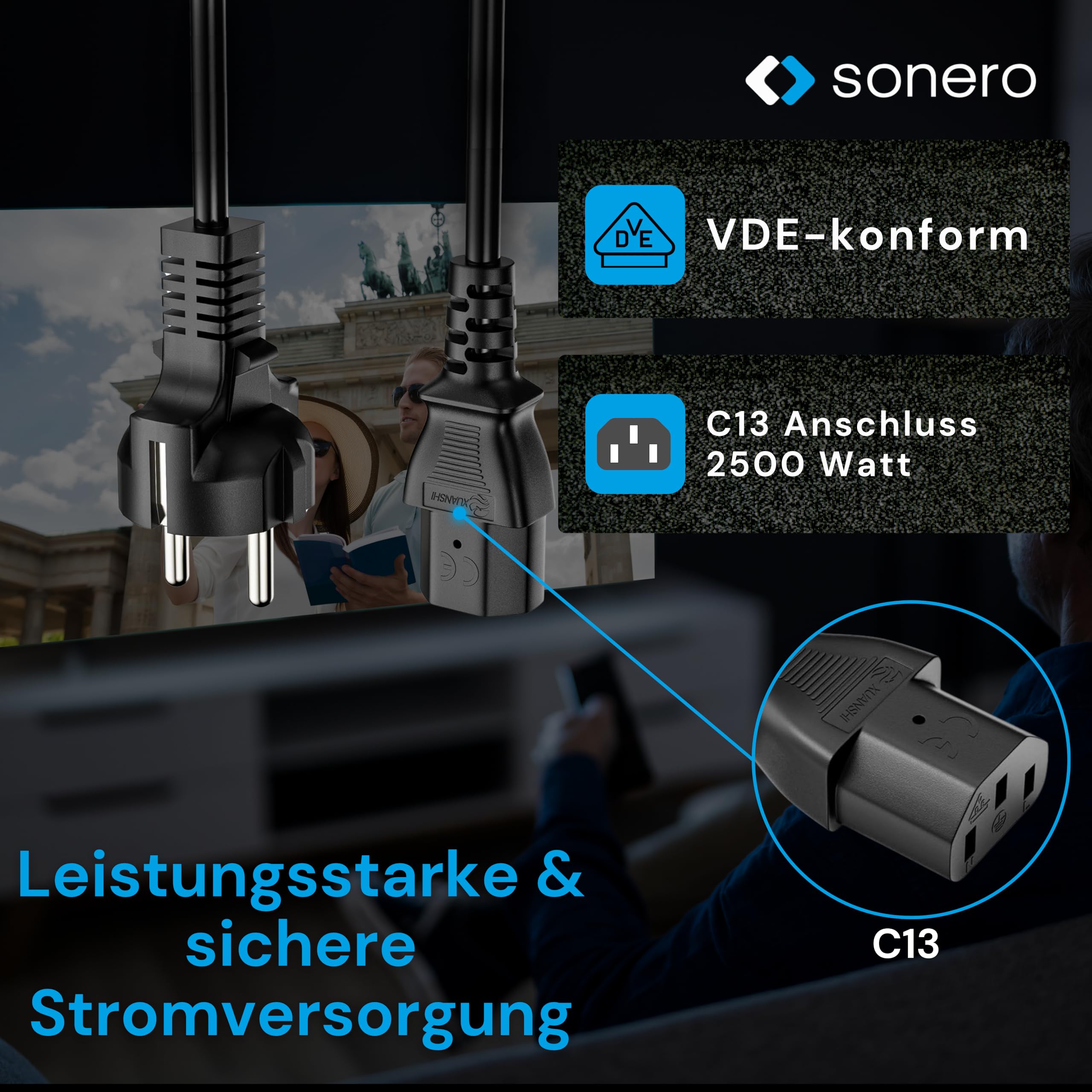 sonero Stromkabel Kaltgerätekabel 3 Polig, 2,0m, Schutzkontakt Stecker Netzstecker auf Kaltgerätekupplung C13 Buchse, Netzkabel Netzteil Strom Kabel für Monitor PC Drucker, Schwarz