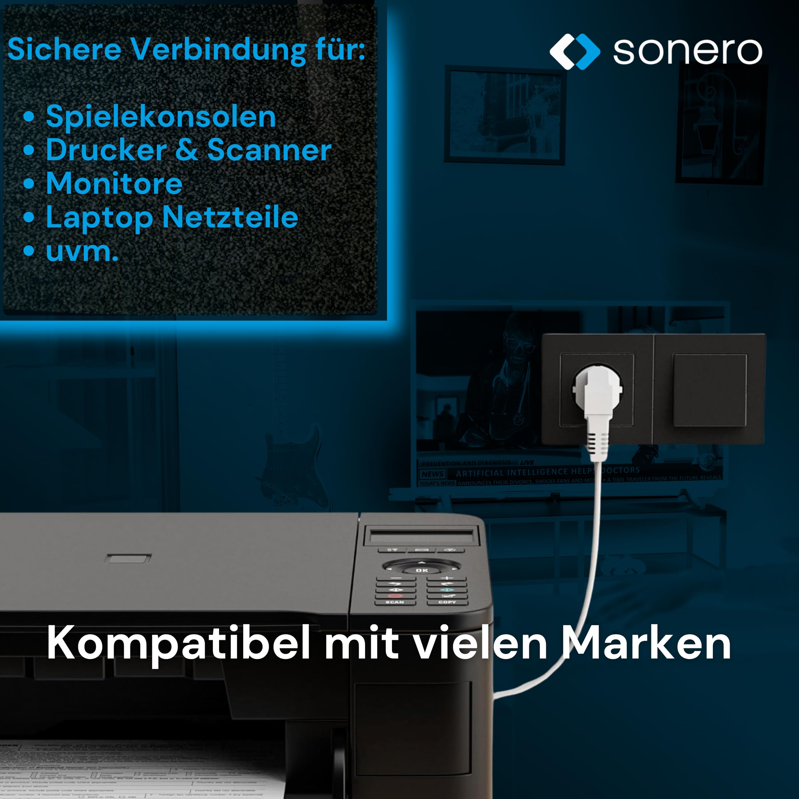 sonero Stromkabel Kaltgerätekabel 3 Polig, 2,0m, 90° Winkel Schutzkontakt Stecker Netzstecker auf Kaltgerätekupplung C13 Buchse, Netzkabel Netzteil Strom Kabel für Monitor PC Drucker, Weiß