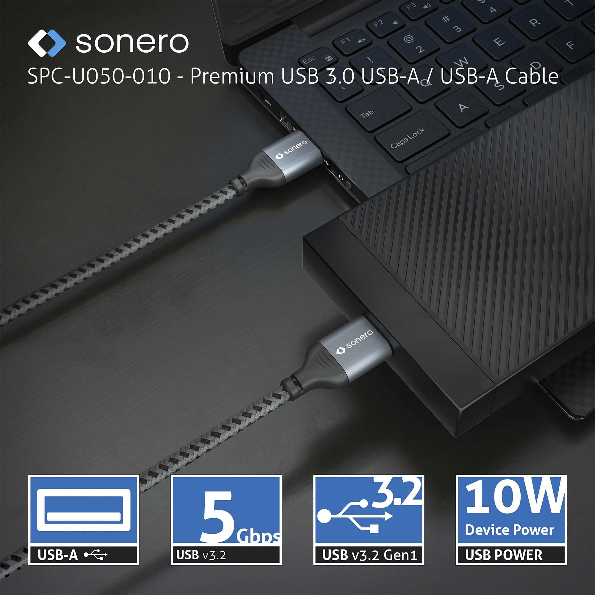 Sonero® USB-A auf USB-A Datenkabel, Verbindungskabel, USB Kabel Typ A, USB 3.0, 5GB/s, space grey/schwarz, 1,00m