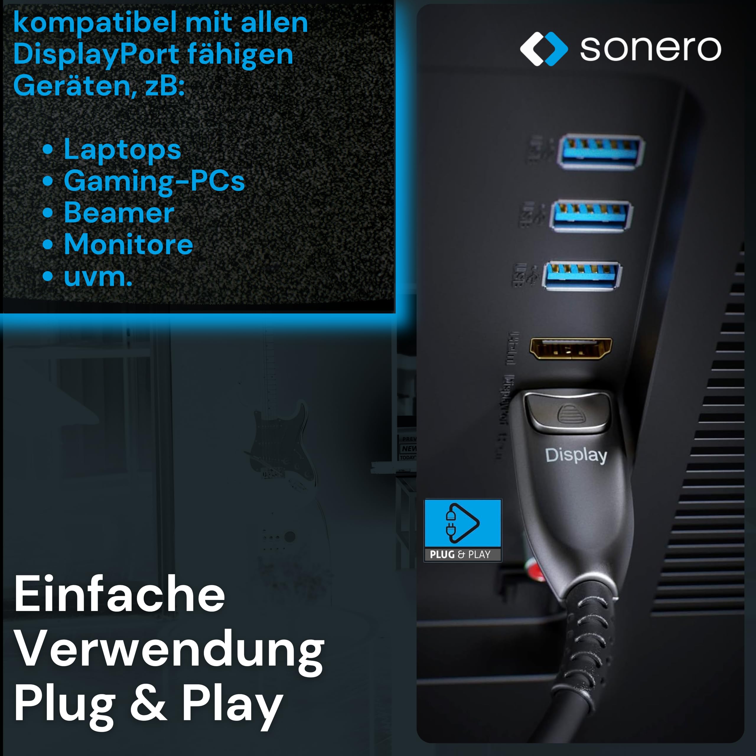 Sonero® 8K-DisplayPort 1.4 Kabel, Glasfaser-Hybrid-Kabel, Auflösung bis 8K 60 Hz (7680 x 4320) / 4K 120Hz (3840 × 2160), HDR und DSC Unterstützug, anthrazit, 15 Meter