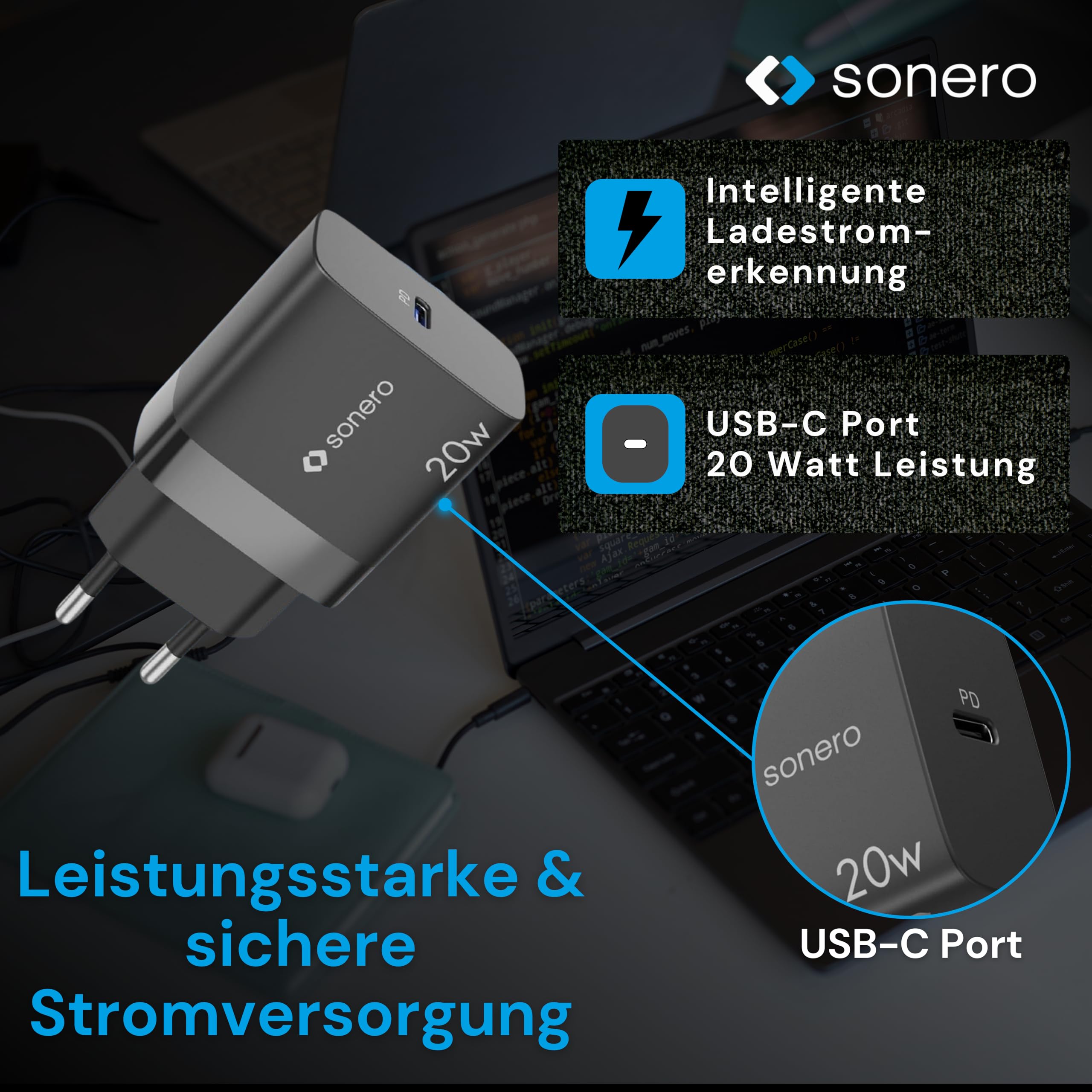 sonero USB C Ladegerät, Ladestecker Adapter, Netzteil 20 Watt Schnellladegerät kompatibel mit Apple iPhone 15, Samsung, Tablet, Laptop uvm, Mehrfach PD Charger, Schwarz