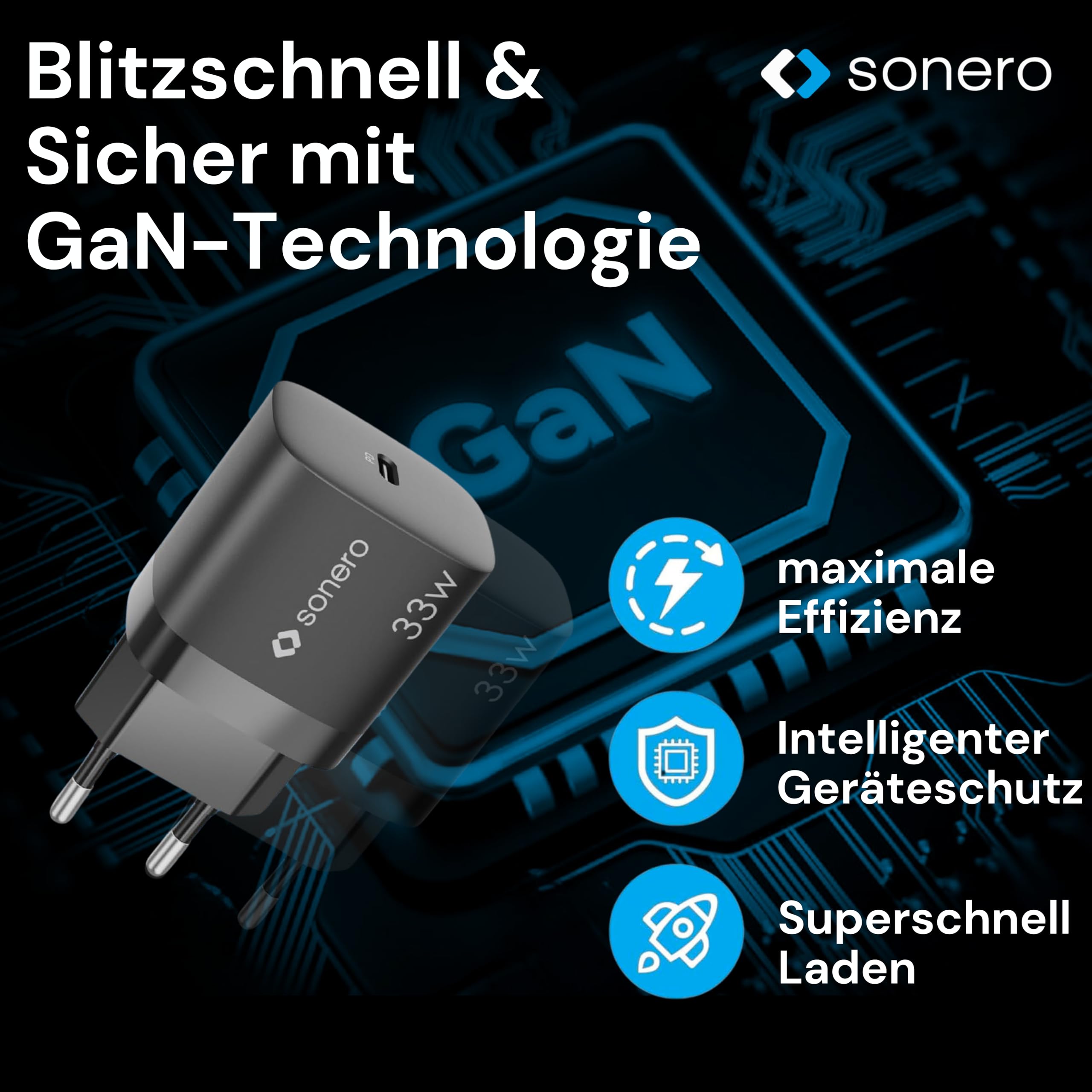 sonero USB-C Ladegerät, 1x 33 Watt USB-C Port, GaN Schnellladegerät, USB-Netzteil, Handy-Ladegerät mit automatischer Ladestromerkennung, schwarz