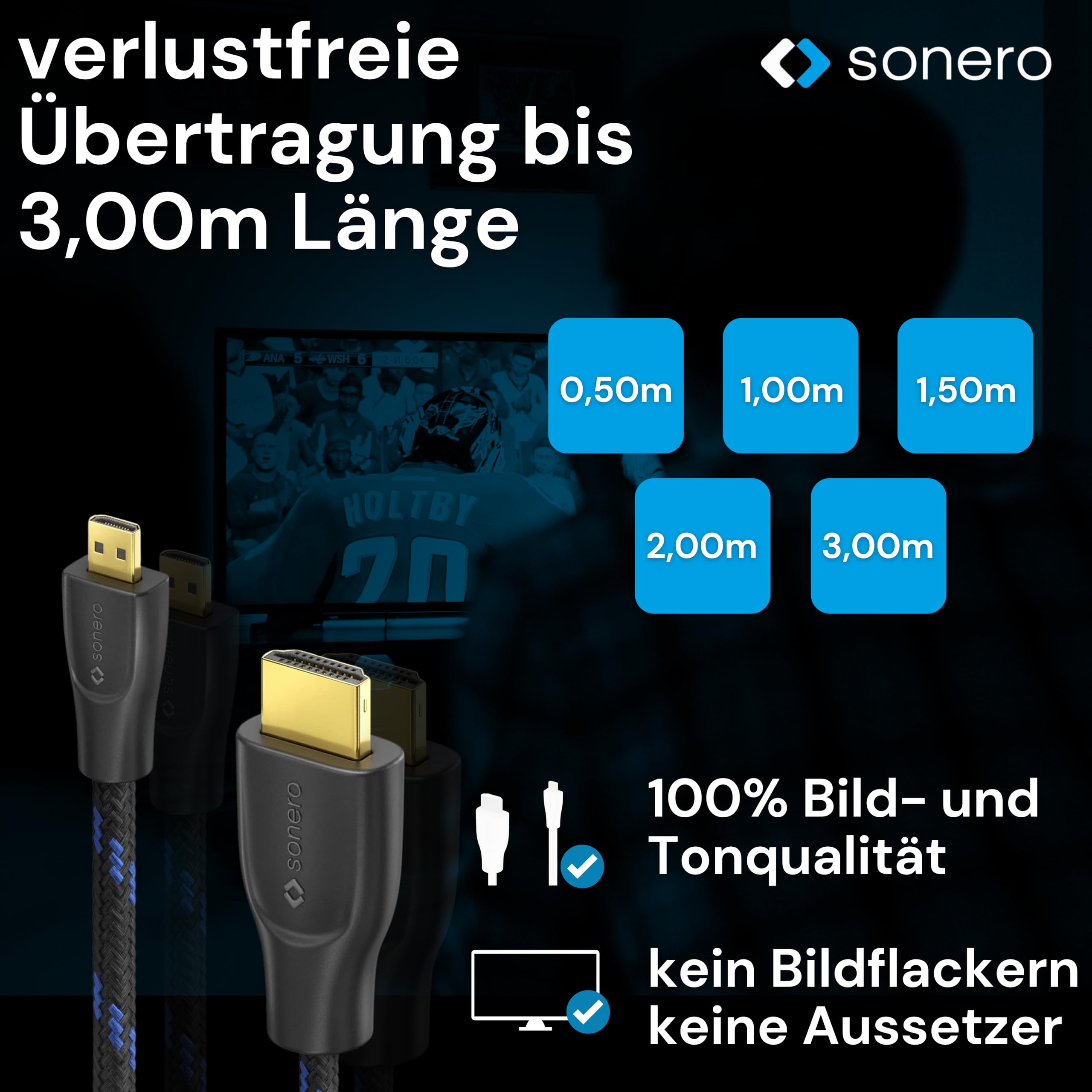 Sonero® 4K Micro HDMI auf HDMI-Kabel, Premium High Speed, 4K 30Hz, Micro HDMI Stecker auf HDMI Stecker, vergoldete Kontakte, zweifache Abschirmung, Baumwollmantel, 3,00m