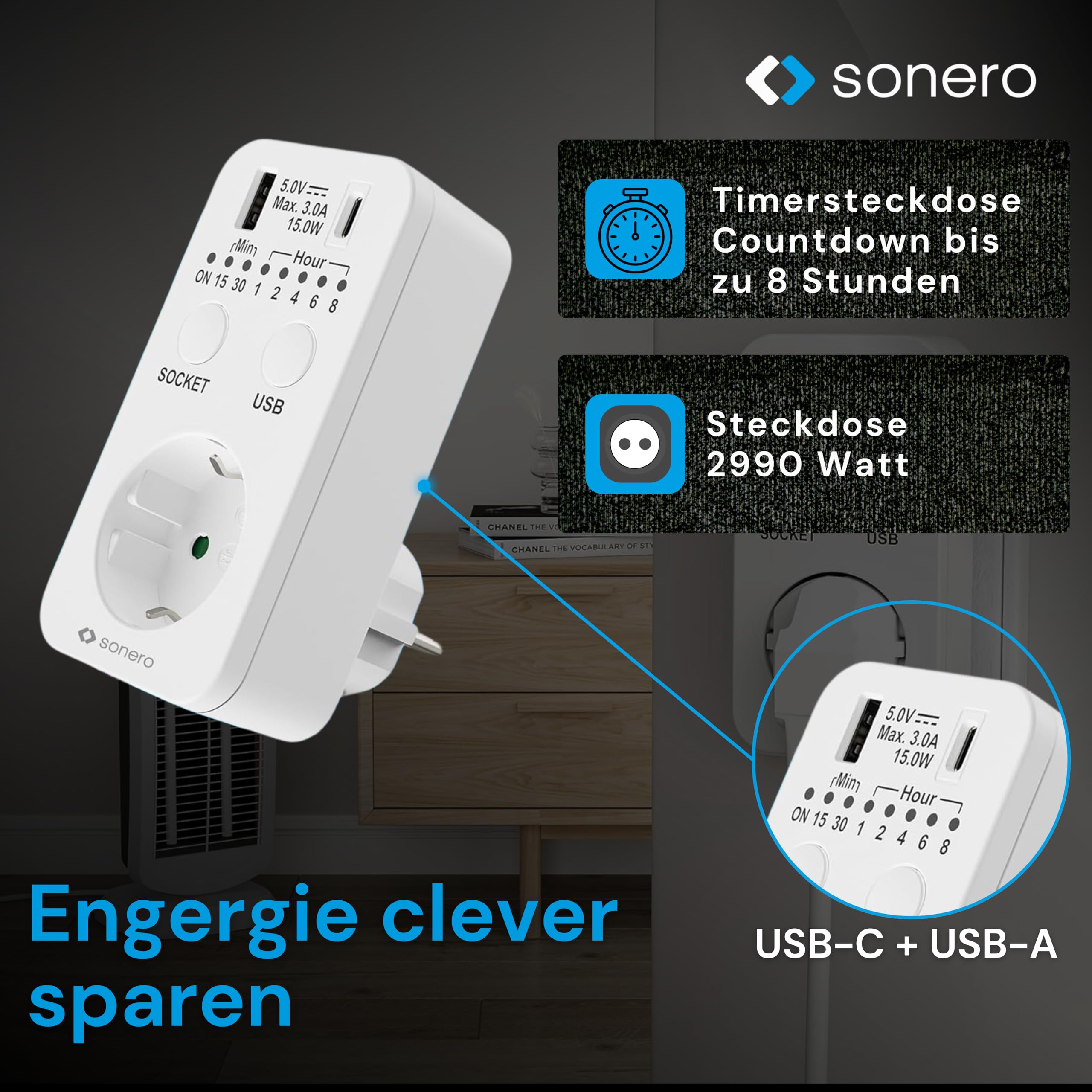 Sonero Timer Steckdose, Countdown Schaltsteckdose, Schaltuhr 230V, Timersteckdose mit USB und USB C Anschluss, Zeitschaltsteckdose programmierbar, Zeitschalter weiß