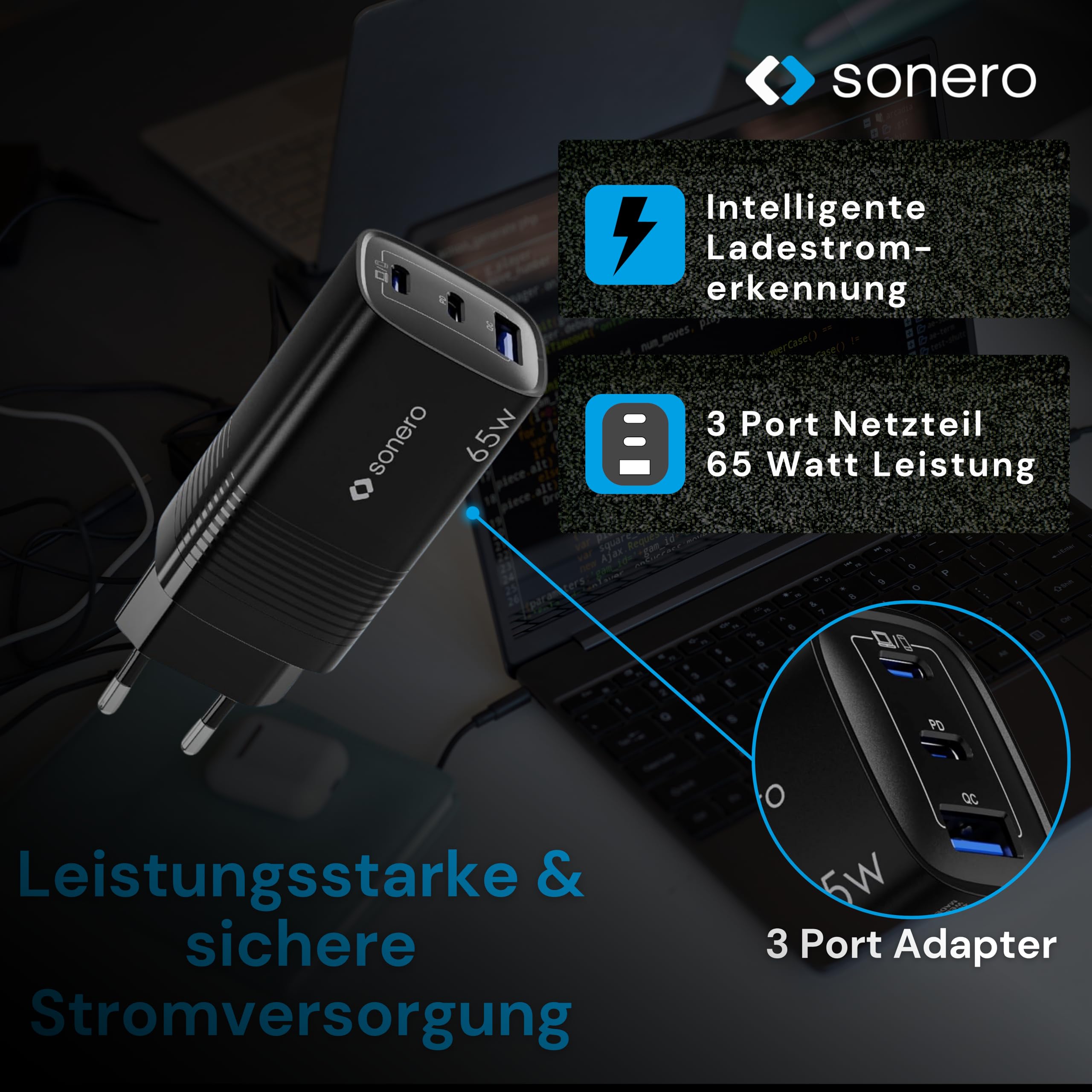 sonero USB C Ladegerät, 3 Port Adapter, Netzteil 65 Watt Schnellladegerät kompatibel mit Apple iPhone 15, Samsung, Tablet, Laptop uvm, Mehrfach GaN QC PD Charger, Schwarz