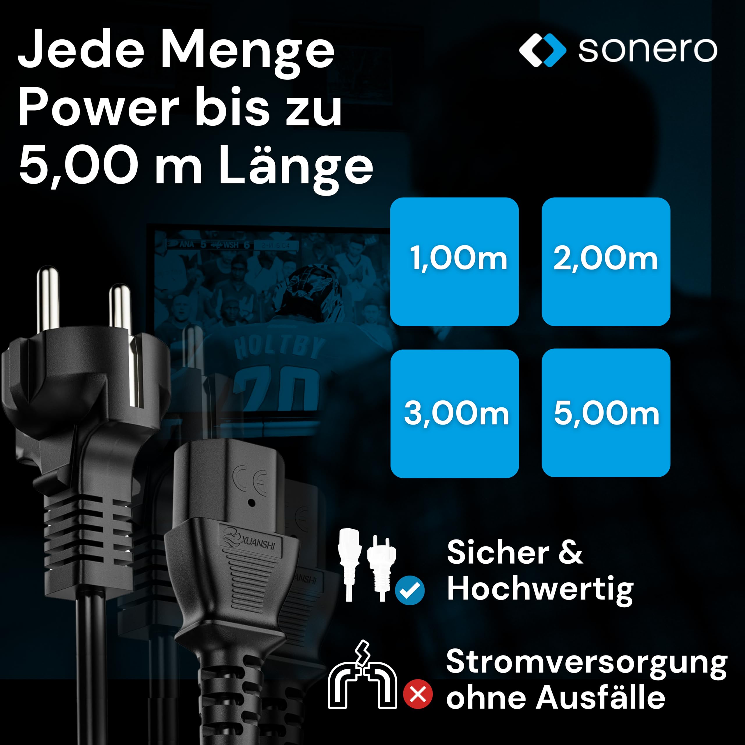 sonero Stromkabel Kaltgerätekabel 3 Polig, 1,0m, Schutzkontakt Stecker Netzstecker auf Kaltgerätekupplung C13 Buchse, Netzkabel Netzteil Strom Kabel für Monitor PC Drucker, Schwarz