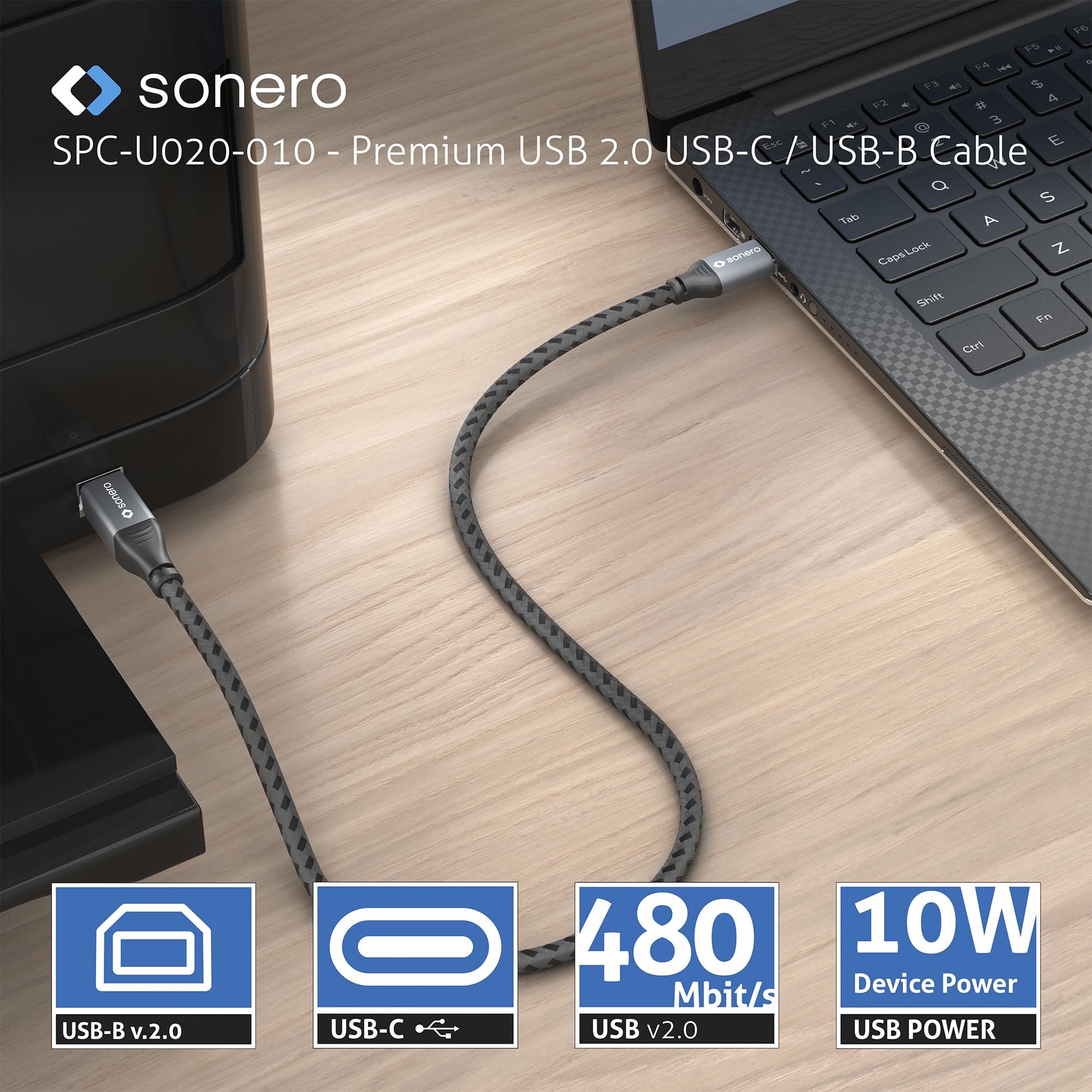 Sonero® USB 2.0 Kabel, Verbindungskabel, Druckerkabel, C-Stecker auf B-Stecker, 480 MB/s, space grey/schwarz, 1,00m