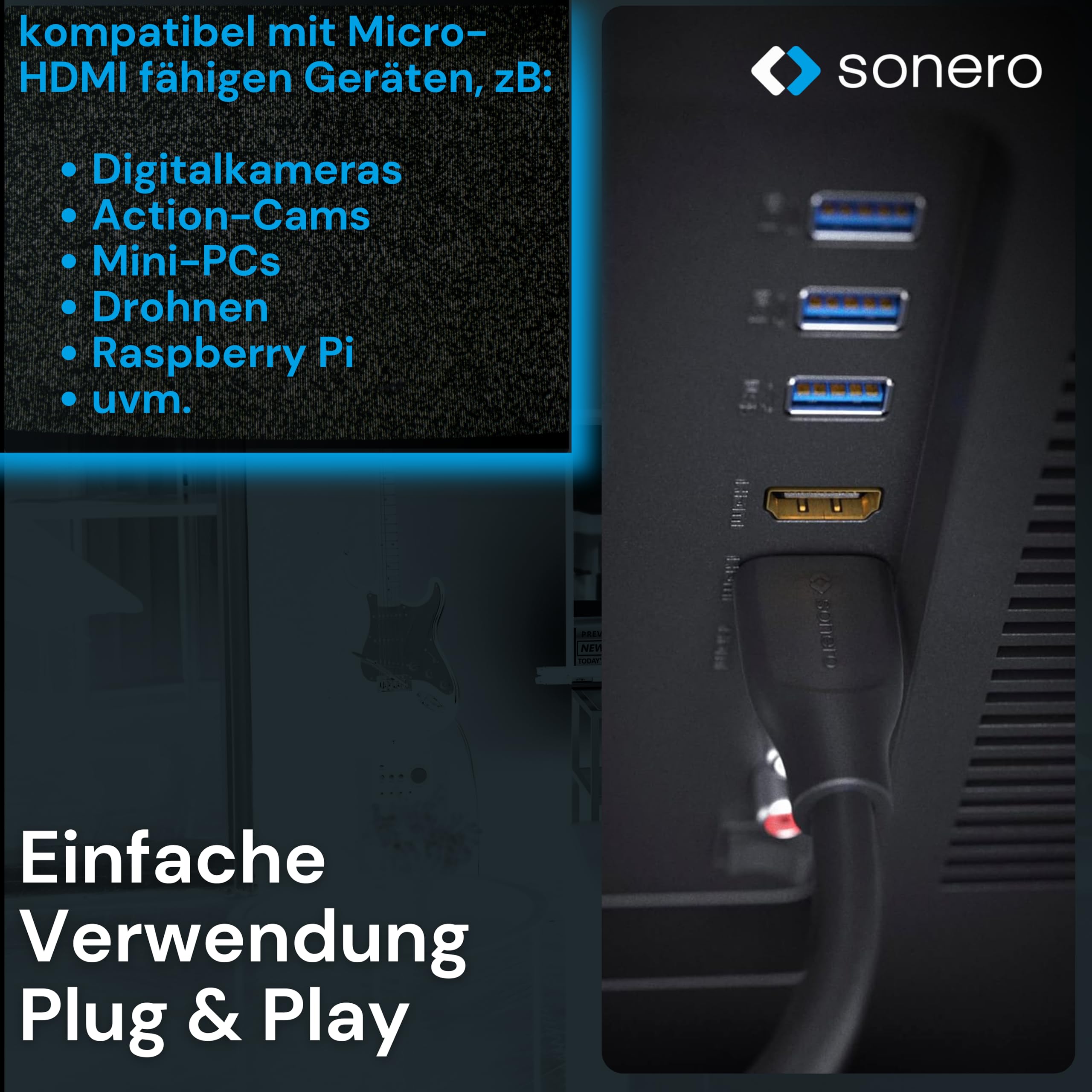 Sonero® 4K Micro HDMI auf HDMI-Kabel, Premium High Speed, 4K 60Hz, Micro HDMI Stecker auf HDMI Stecker, vergoldete Kontakte, zweifache Abschirmung, PVC-Mantel, 1,00m