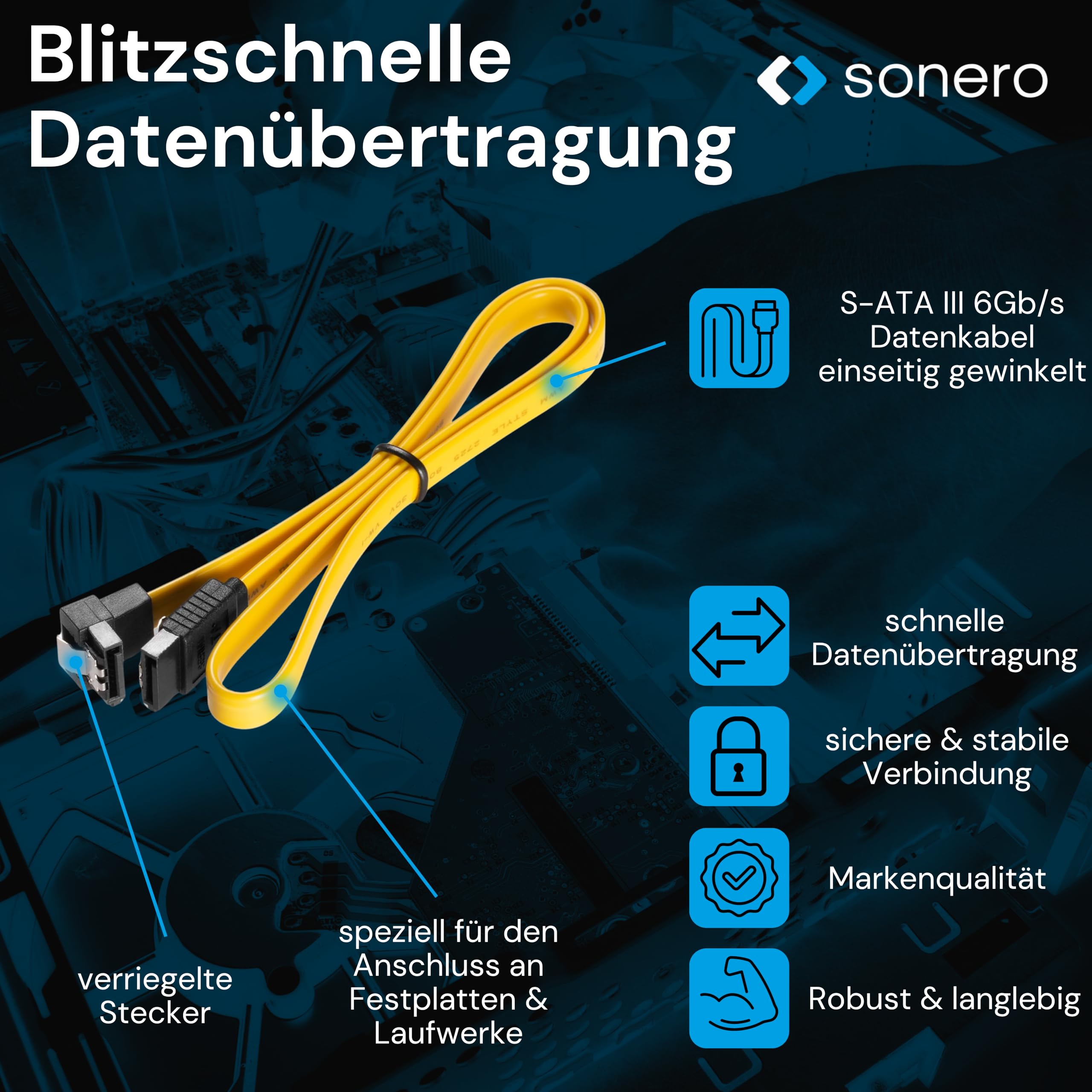 Sonero® SATA III 6Gb/s Datenkabel-Set, 2x 0,50m, gewinkelt + 2x 0,50m, gelb
