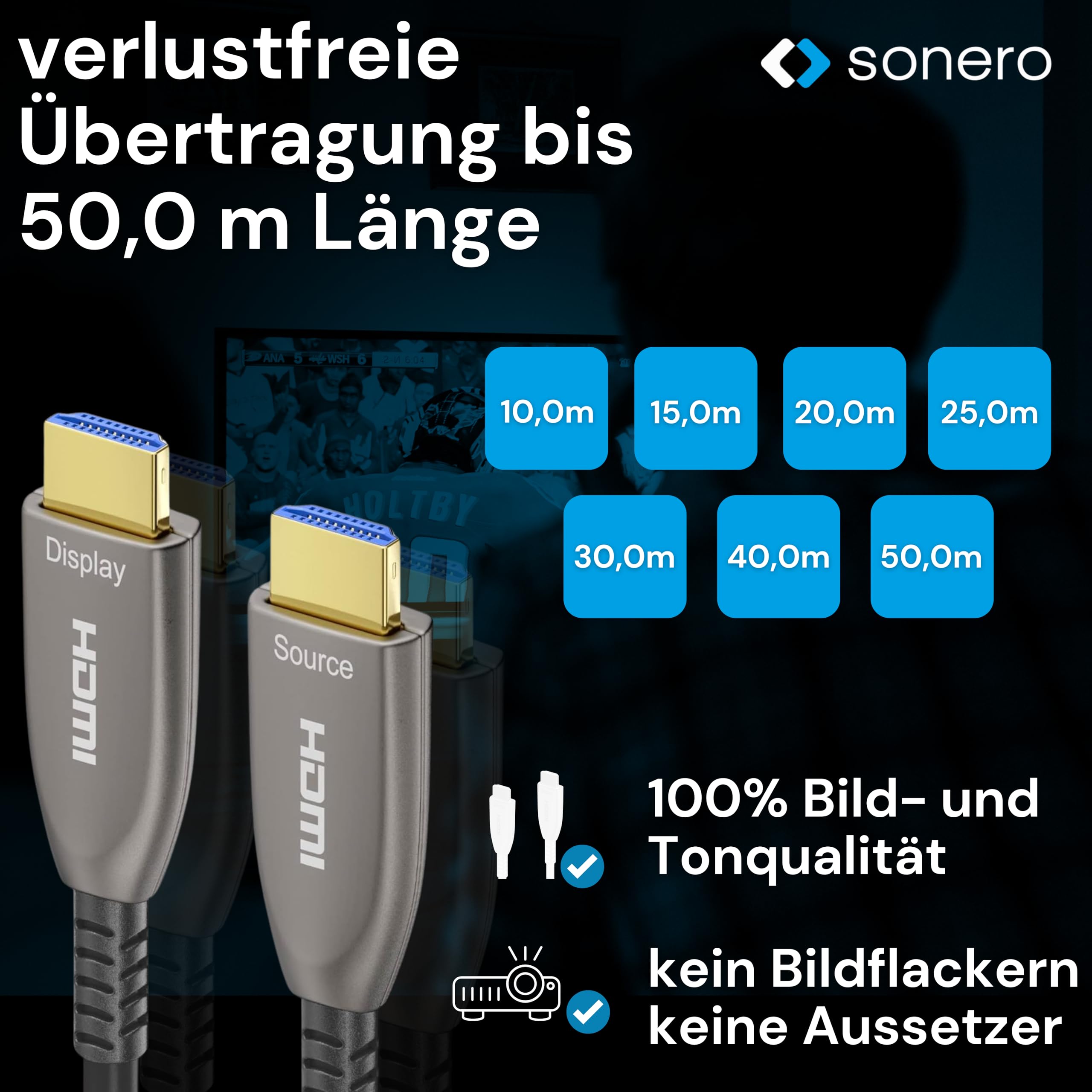 Sonero® 8K-HDMI 2.1 Kabel, Glasfaser-Hybrid-Kabel, Auflösung bis 8K 60 Hz (7680 x 4320) / 4K 120Hz (3840 × 2160), HDCP 2.2 Unterstützug, anthrazit, 50 Meter