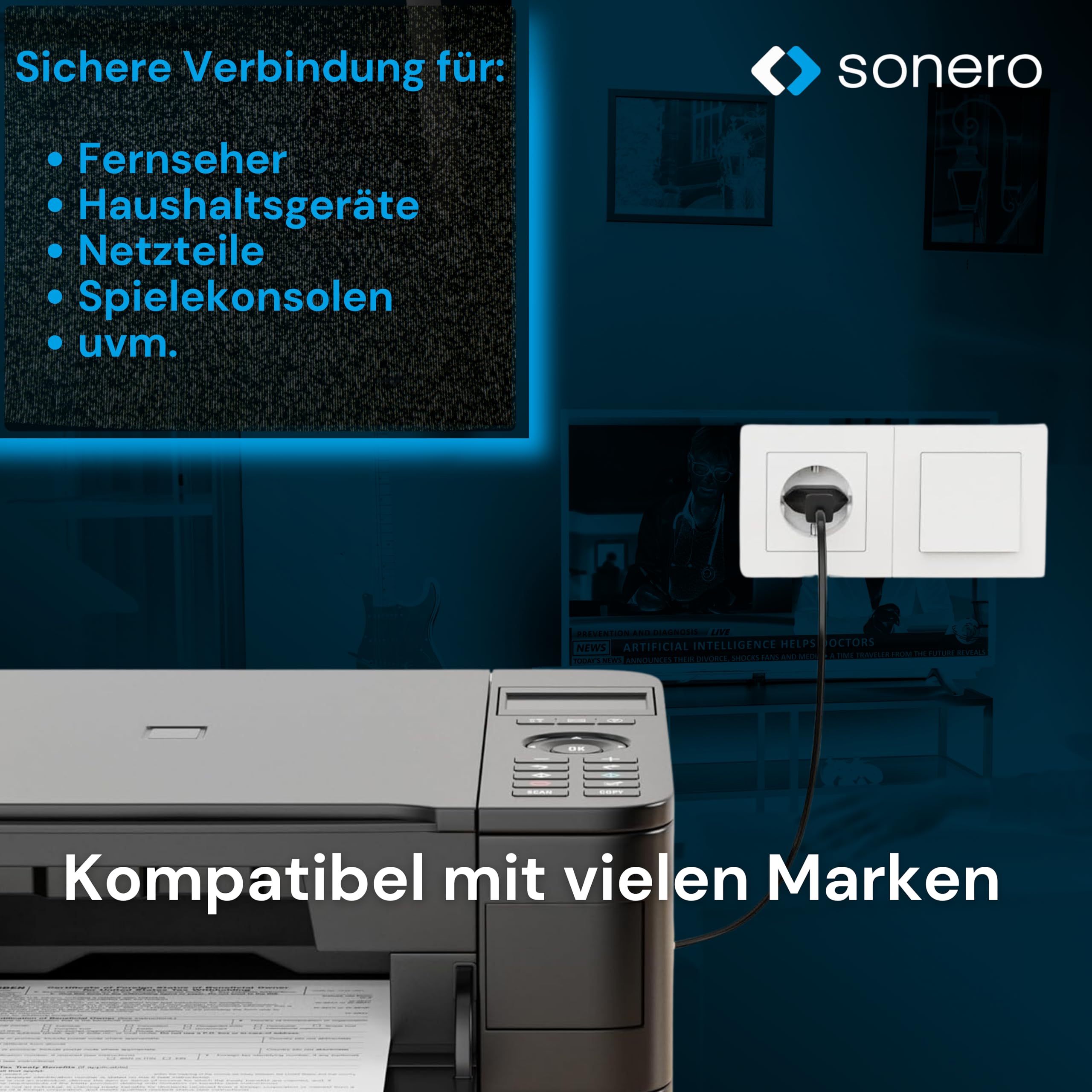 sonero Stromkabel Netzkabel 2 Polig, 5,0m, Eurostecker Typ C Netzstecker auf IEC Buchse C7 Euro 8 Stecker, Netzteil Strom Kabel für TV, PS5, PS4, PS3, Haushaltsgeräte, Schwarz