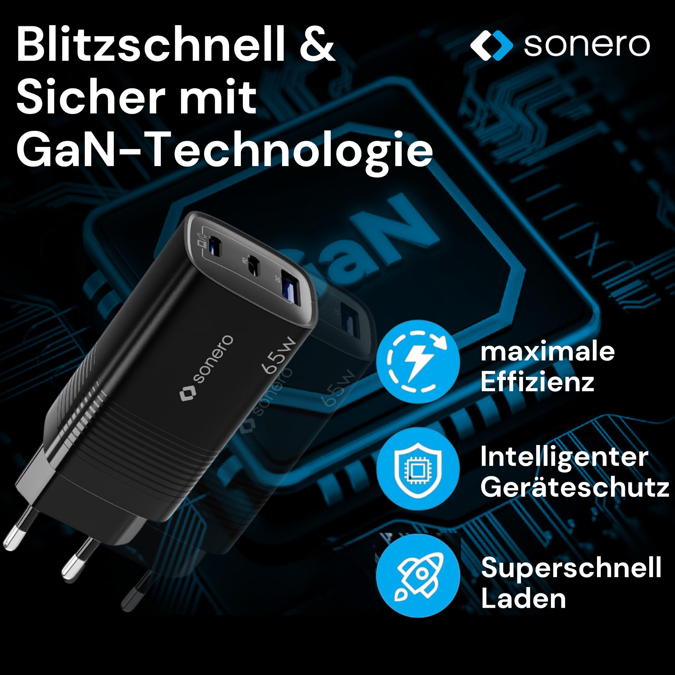 sonero USB C Ladegerät, 3 Port Adapter, Netzteil 65 Watt Schnellladegerät kompatibel mit Apple iPhone 15, Samsung, Tablet, Laptop uvm, Mehrfach GaN QC PD Charger, Schwarz