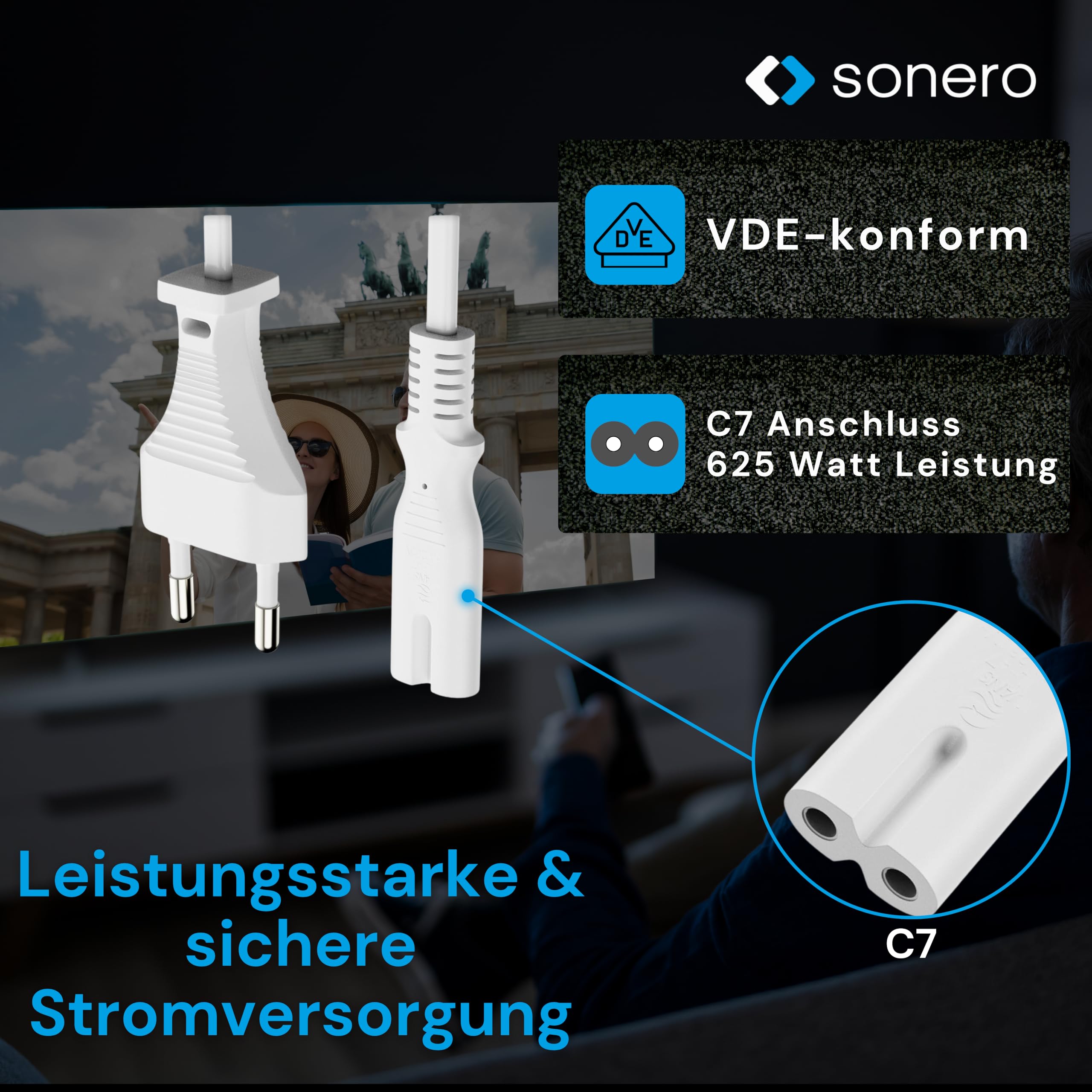 sonero Stromkabel Netzkabel 2 Polig, 1,50m, Eurostecker Typ C Netzstecker auf IEC Buchse C7 Euro 8 Stecker, Netzteil Strom Kabel für TV, PS5, PS4, PS3, Haushaltsgeräte, Weiß