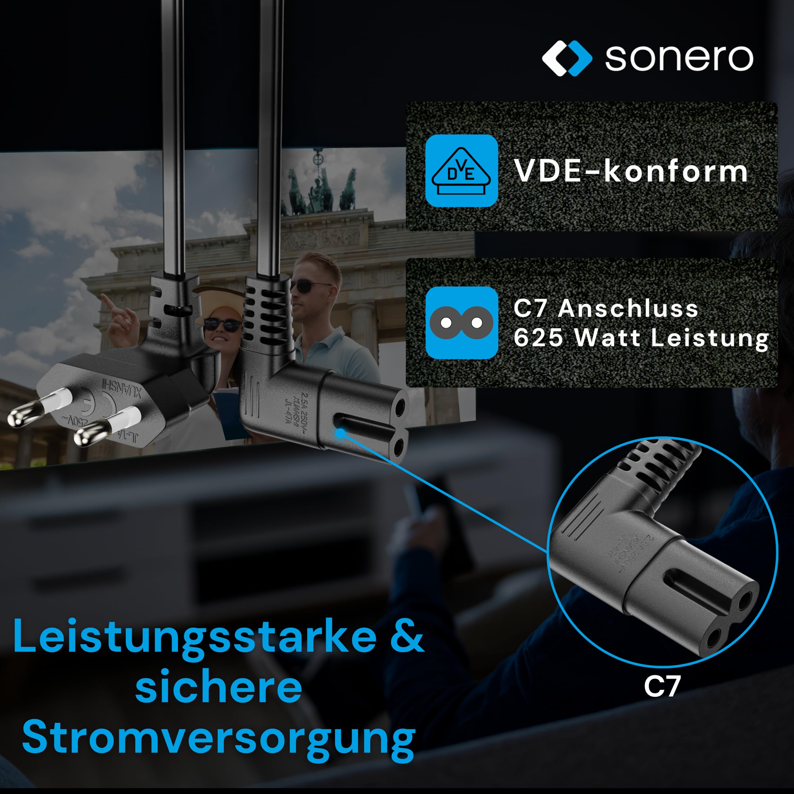 sonero Stromkabel Netzkabel 2 Polig, 2,0m, Eurostecker Typ C Netzstecker auf IEC Buchse C7 Euro 8 Stecker, 90° Winkel Netzteil Strom Kabel für TV, PS5, PS4, PS3, Haushaltsgeräte, Schwarz