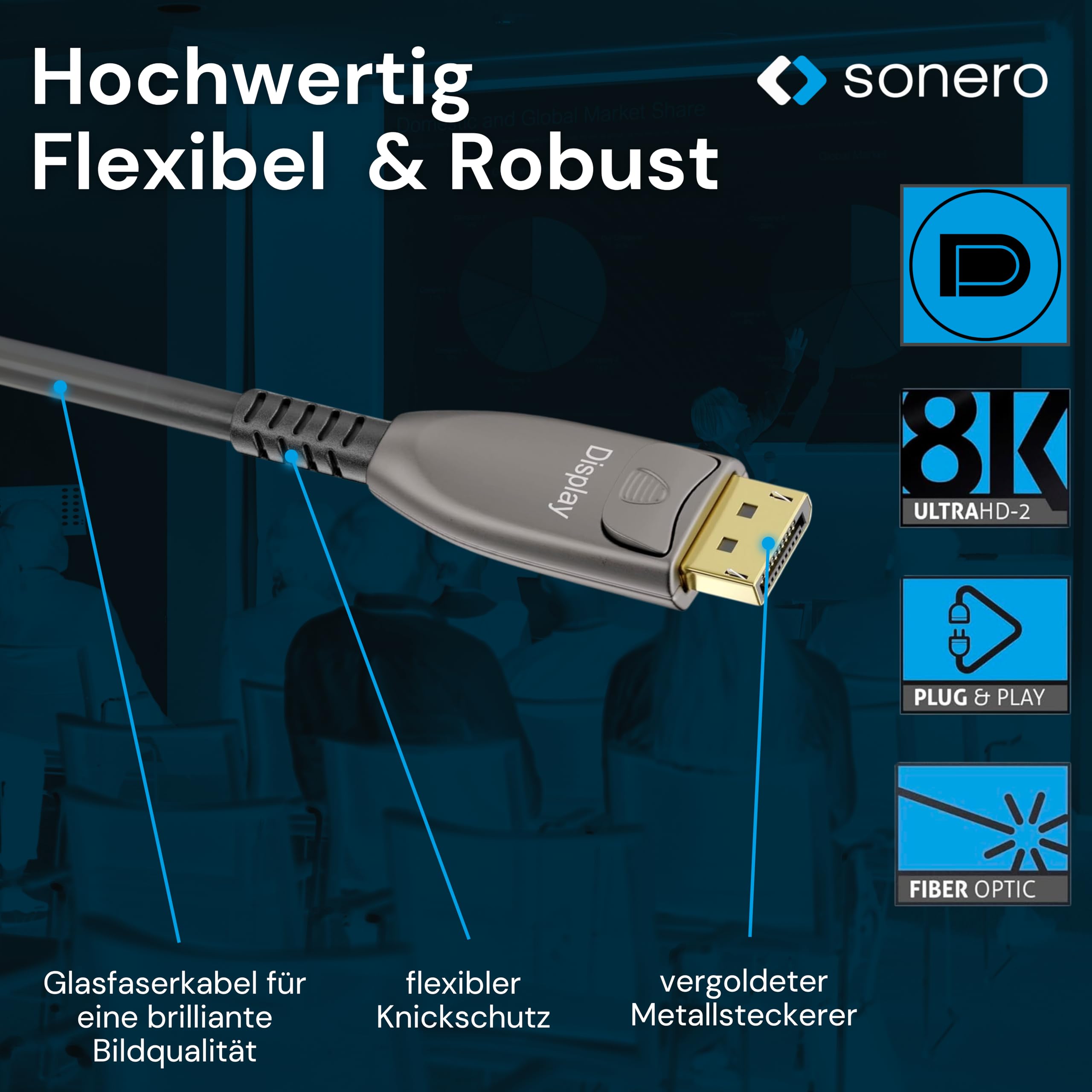 Sonero® 8K-DisplayPort 1.4 Kabel, Glasfaser-Hybrid-Kabel, Auflösung bis 8K 60 Hz (7680 x 4320) / 4K 120Hz (3840 × 2160), HDR und DSC Unterstützug, anthrazit, 15 Meter