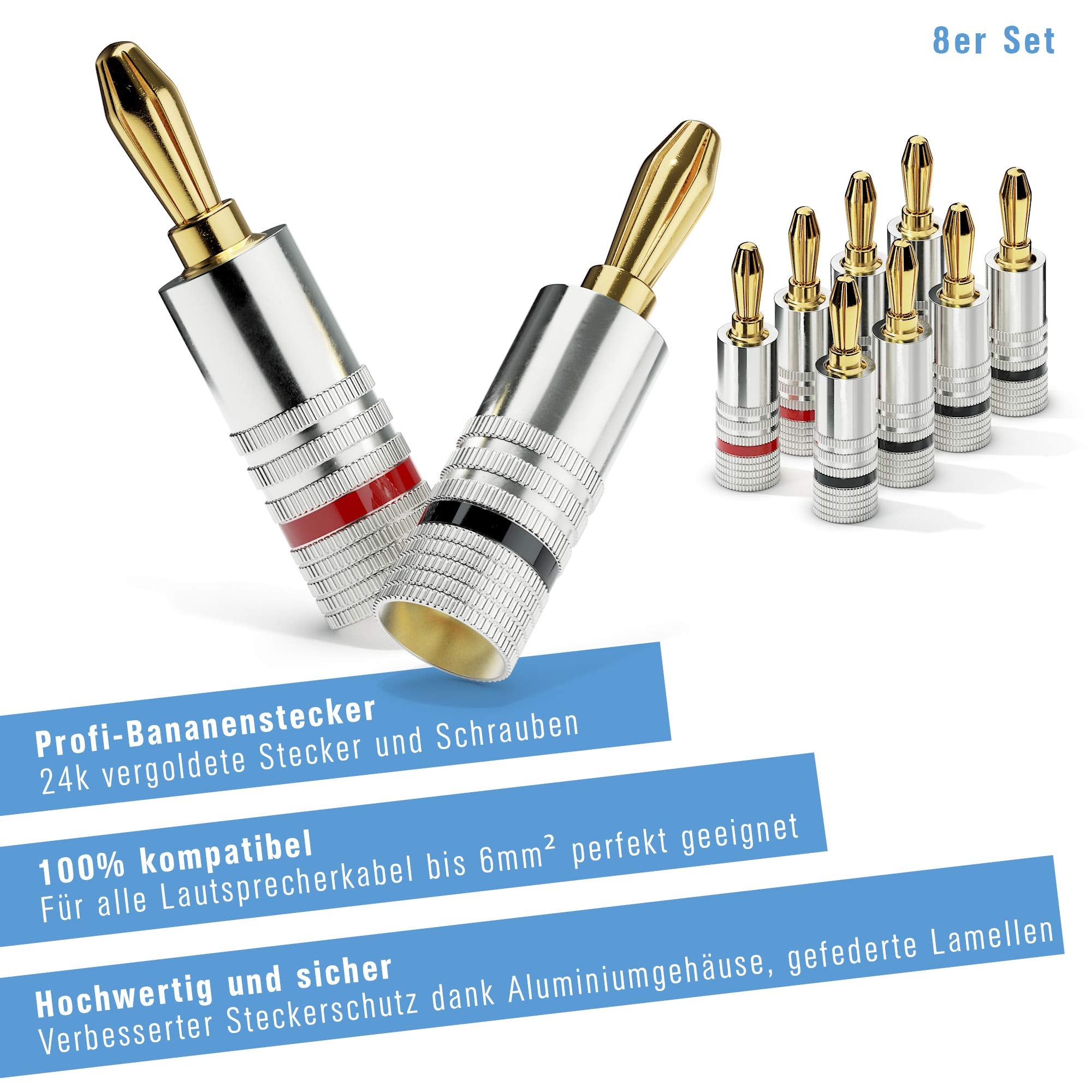Sonero Bananenstecker 8er-Set, für alle Lautsprecherkabel mit einem Durchmesser bis max. 6mm², 4 Stück mit Farbcodierung (4x rot, 4x schwarz), 24k vergoldet, S-SC000-08