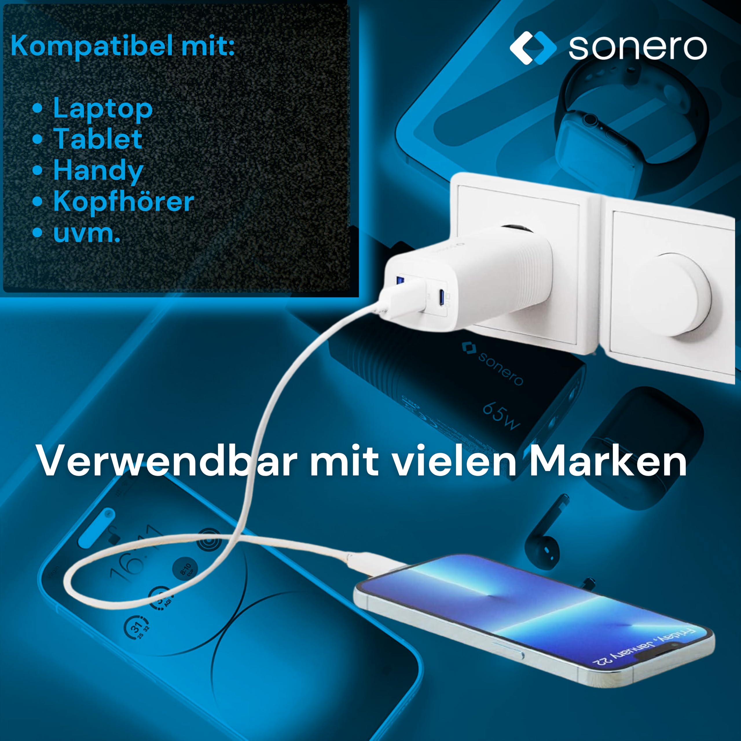 sonero USB C Ladegerät, 3 Port Adapter, Netzteil 65 Watt Schnellladegerät kompatibel mit Apple iPhone 15, Samsung, Tablet, Laptop uvm, Mehrfach GaN QC PD Charger, Weiß